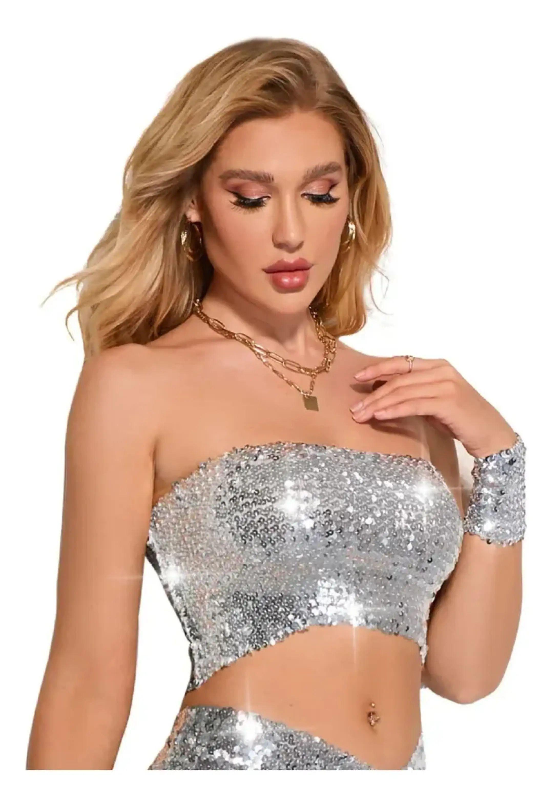 Crop Top Con Lentejuelas Elasticado Para Mujer Brillos-0