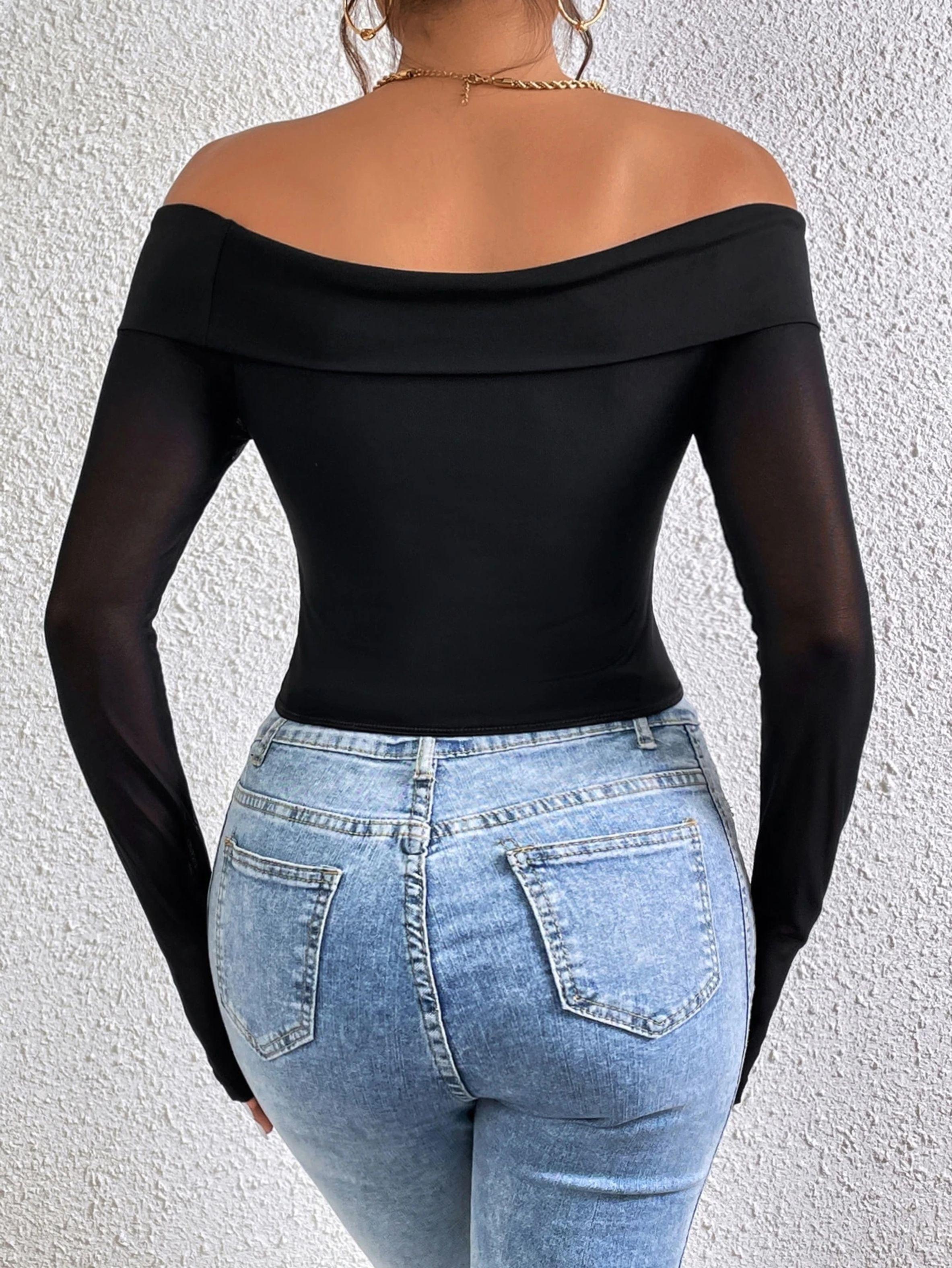 Crop Top Para Mujer - Manga Larga Y Hombros Descubiertos-3