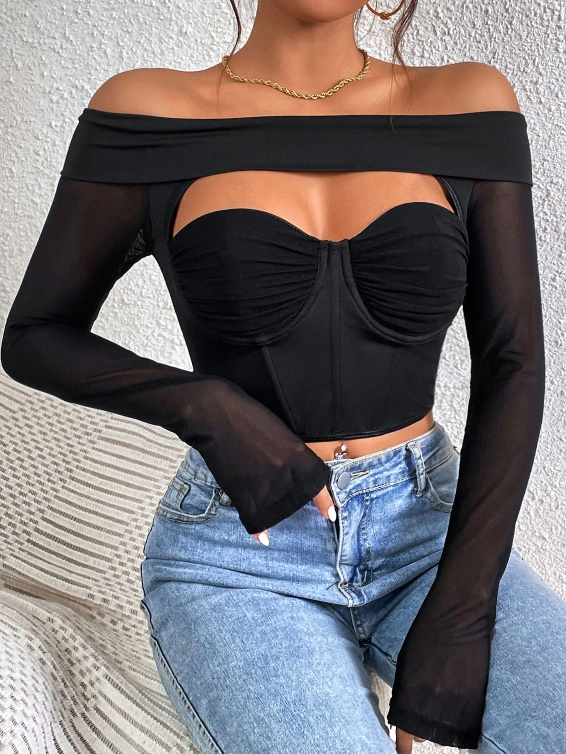 Crop Top Para Mujer - Manga Larga Y Hombros Descubiertos-0