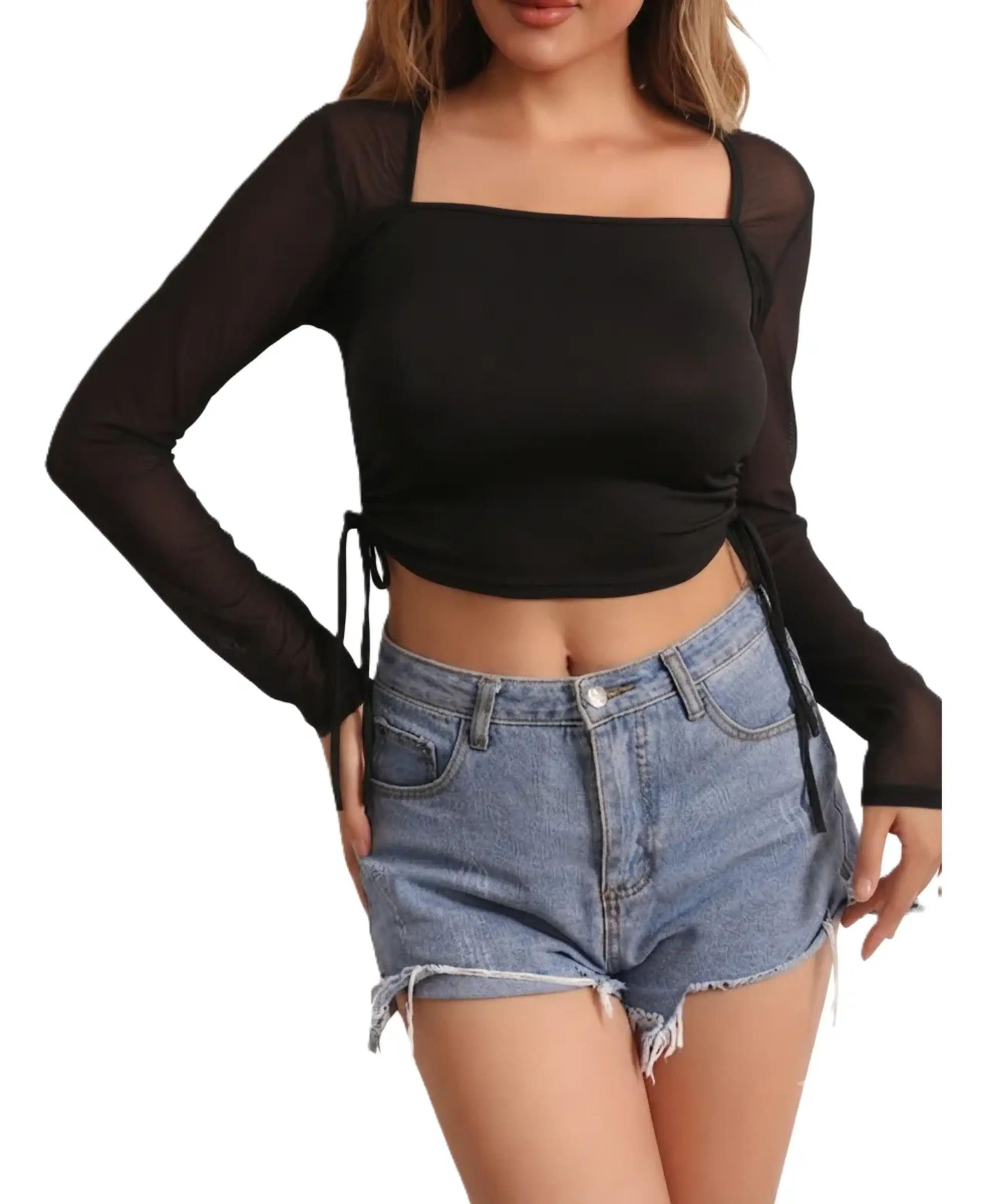 Crop Top Ajustable De Manga Larga Translucida Para Mujer-0
