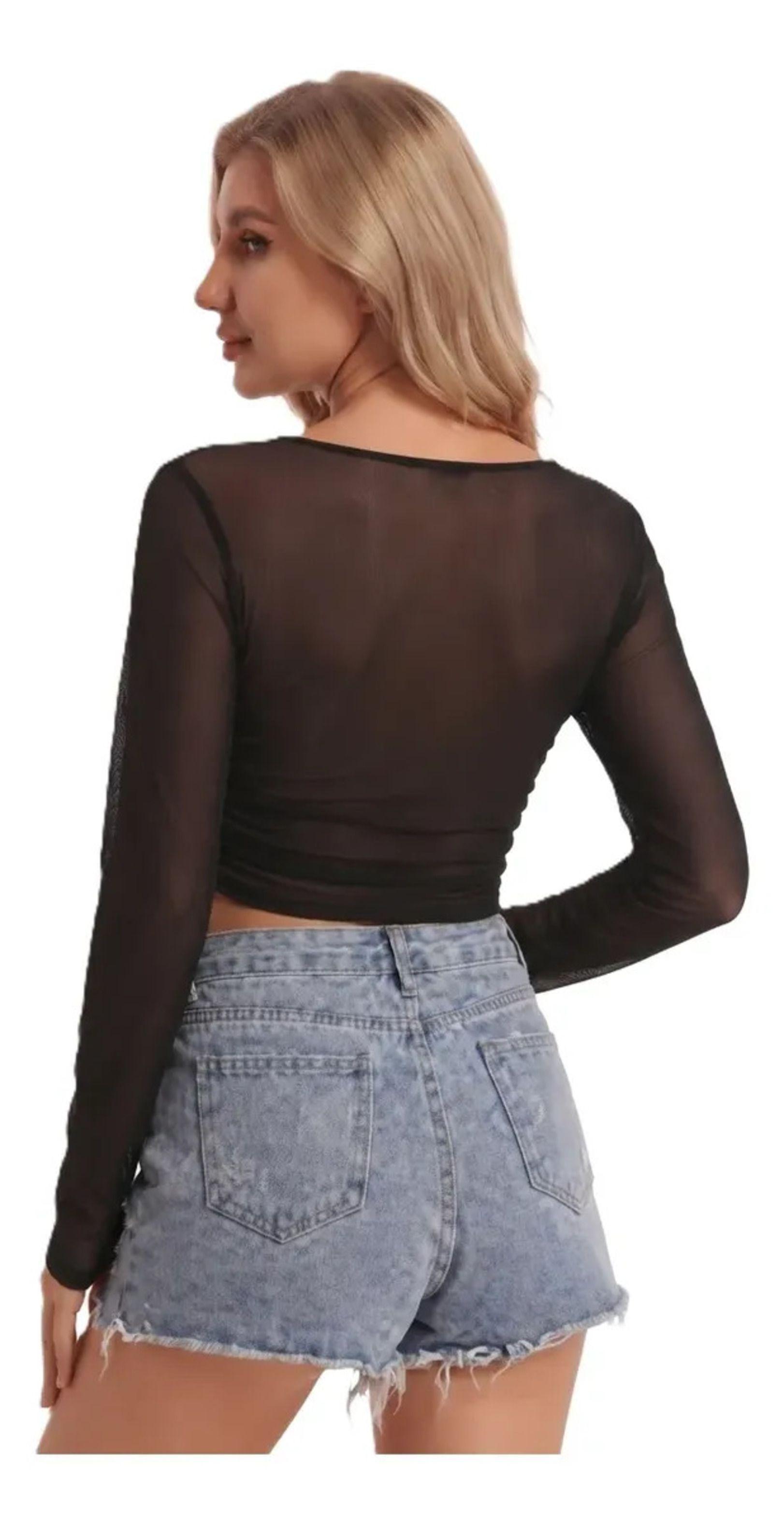 Crop Top Ajustable De Manga Larga Translucida Para Mujer-1