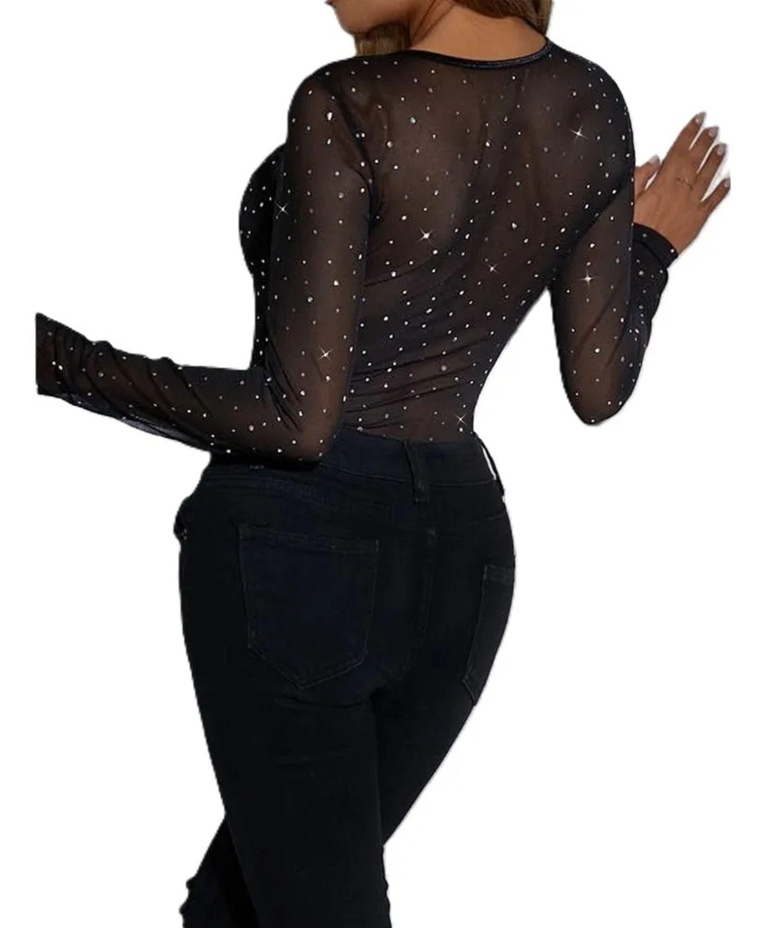 Body De Manga Larga Con Brillos Elegante Para Mujer-2