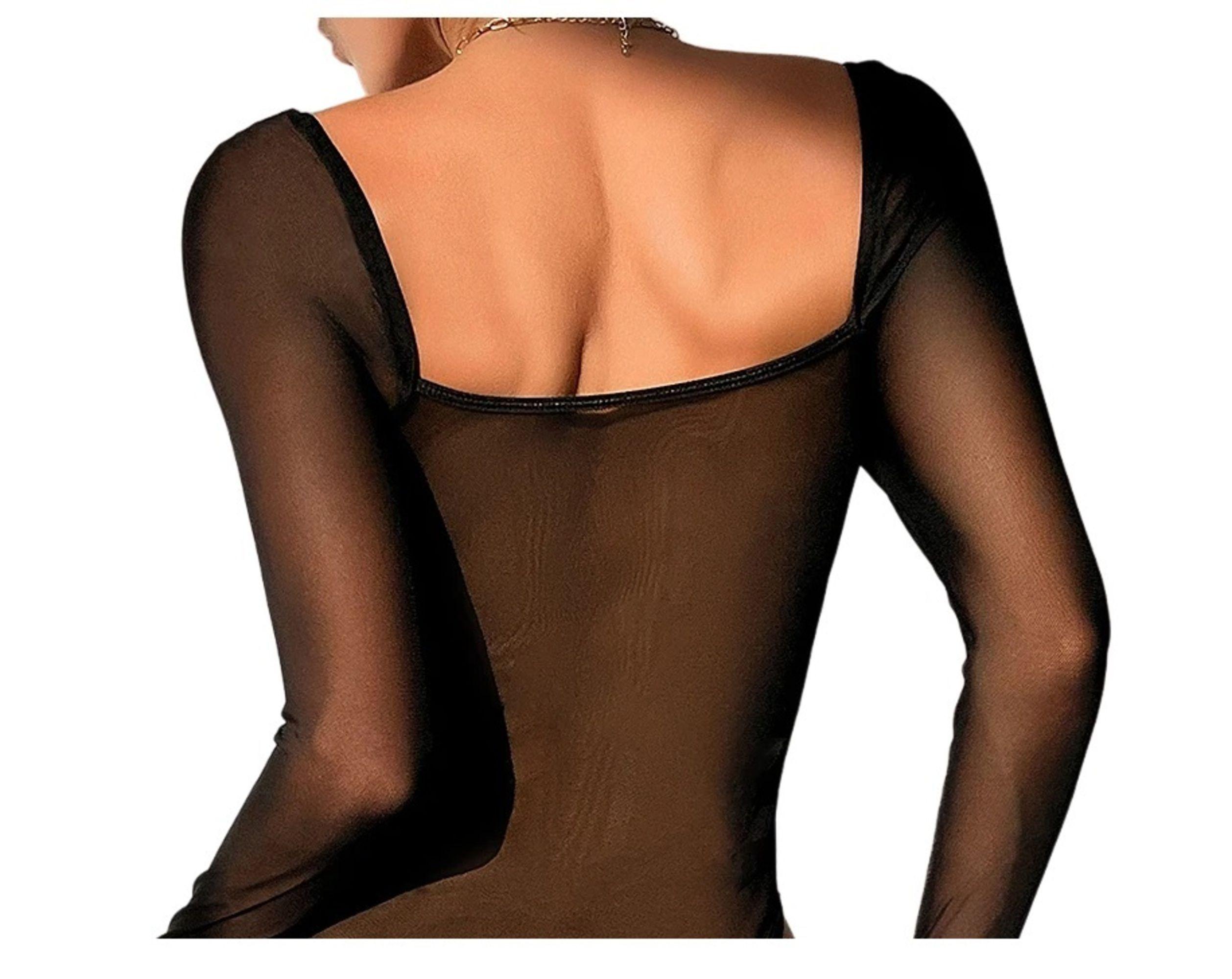 Body Con Manga Larga Translúcido Escote Corazón Para Mujer-3