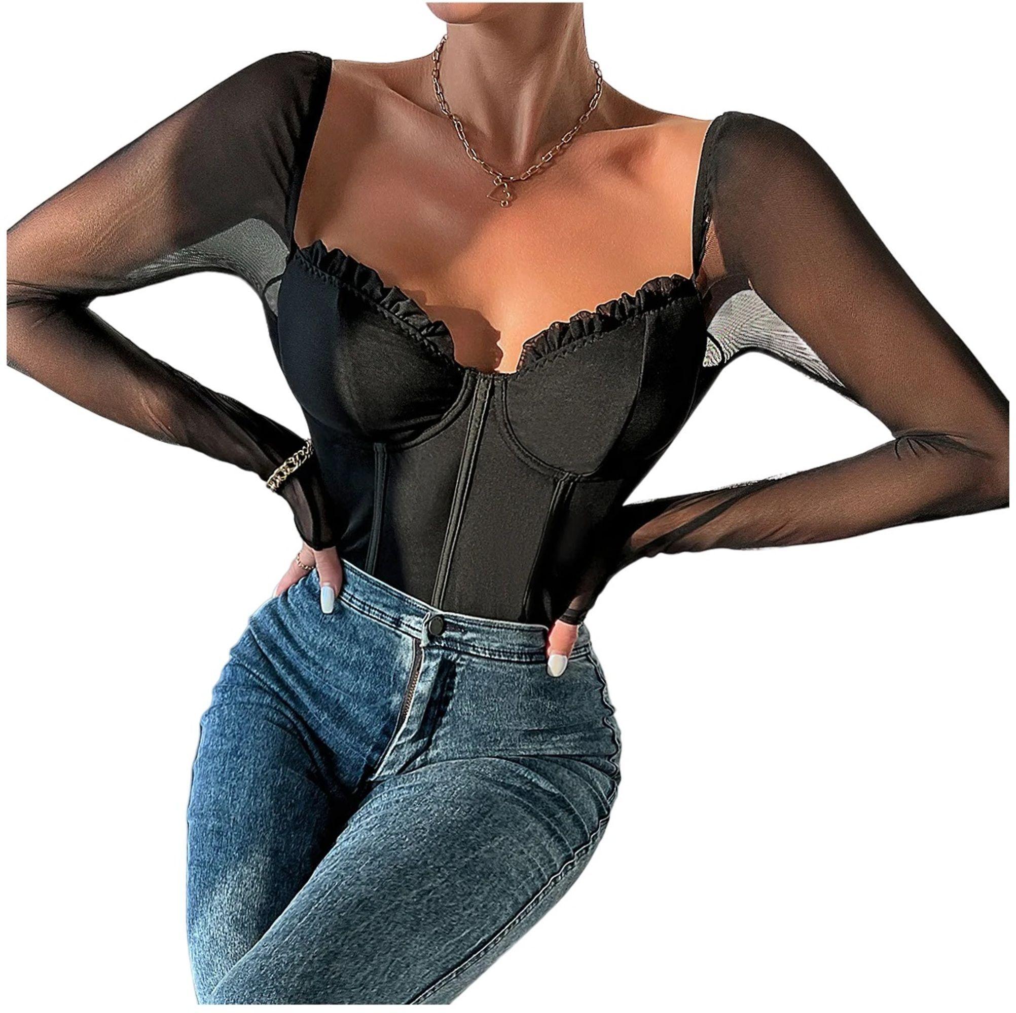 Body Con Manga Larga Translúcido Escote Corazón Para Mujer-0