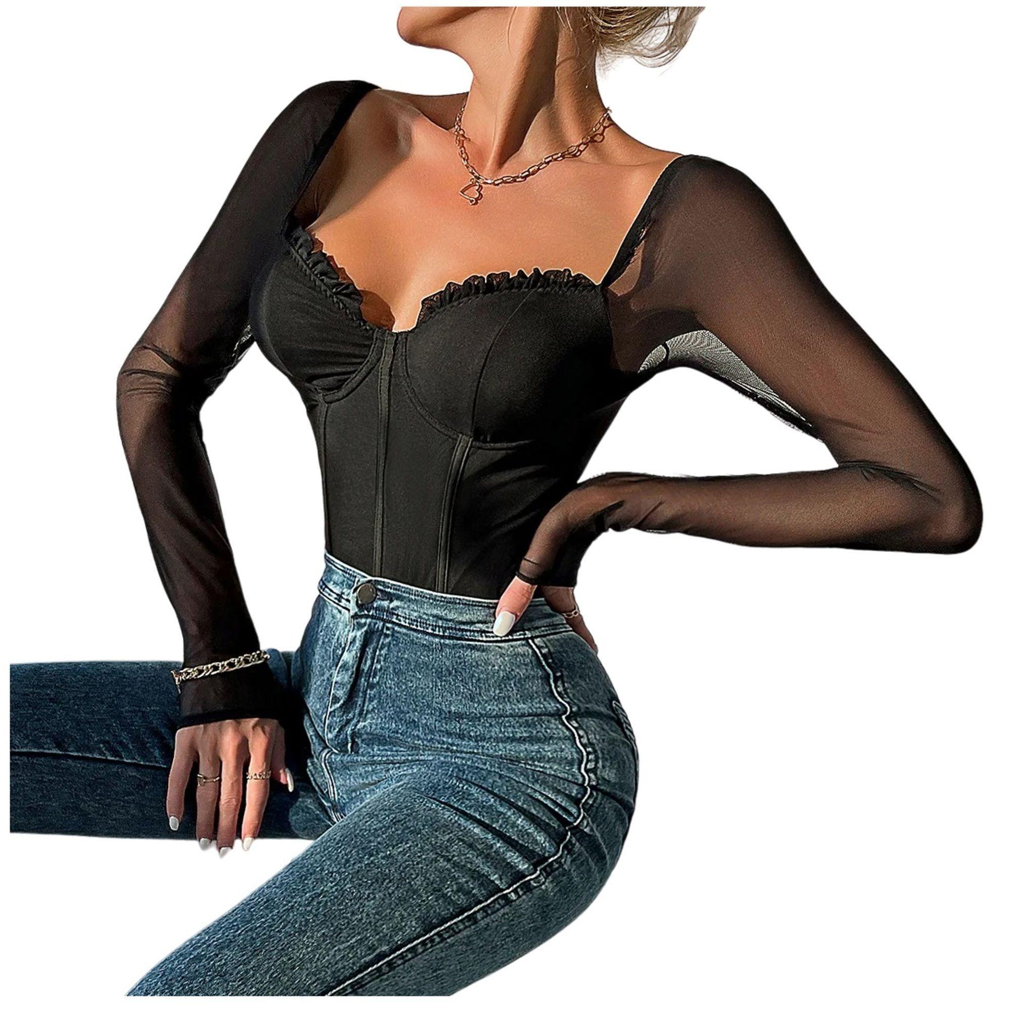 Body Con Manga Larga Translúcido Escote Corazón Para Mujer-2