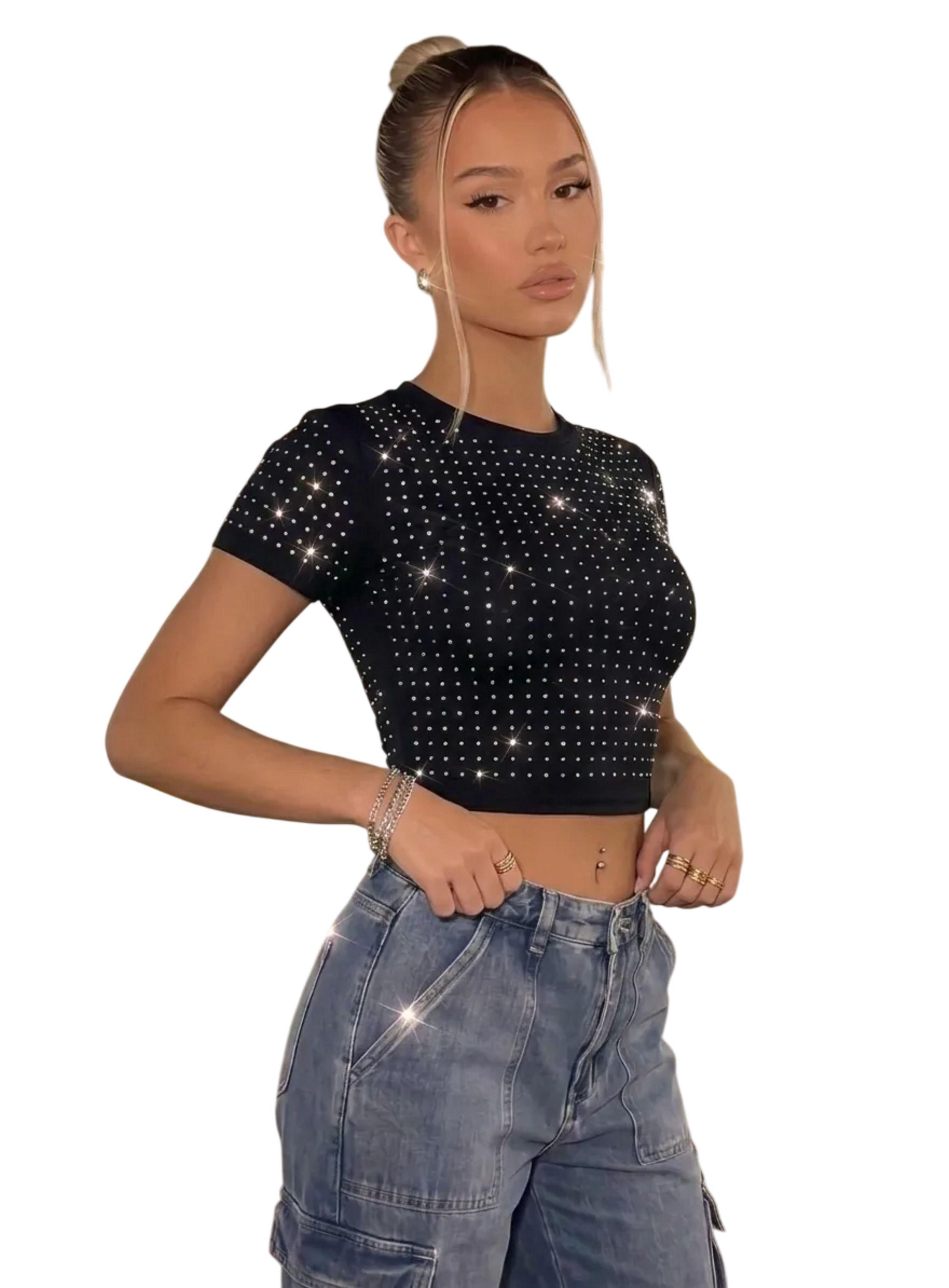 Crop Top Cuello Redondo De Manga Corta Y Brillos Mujer-1