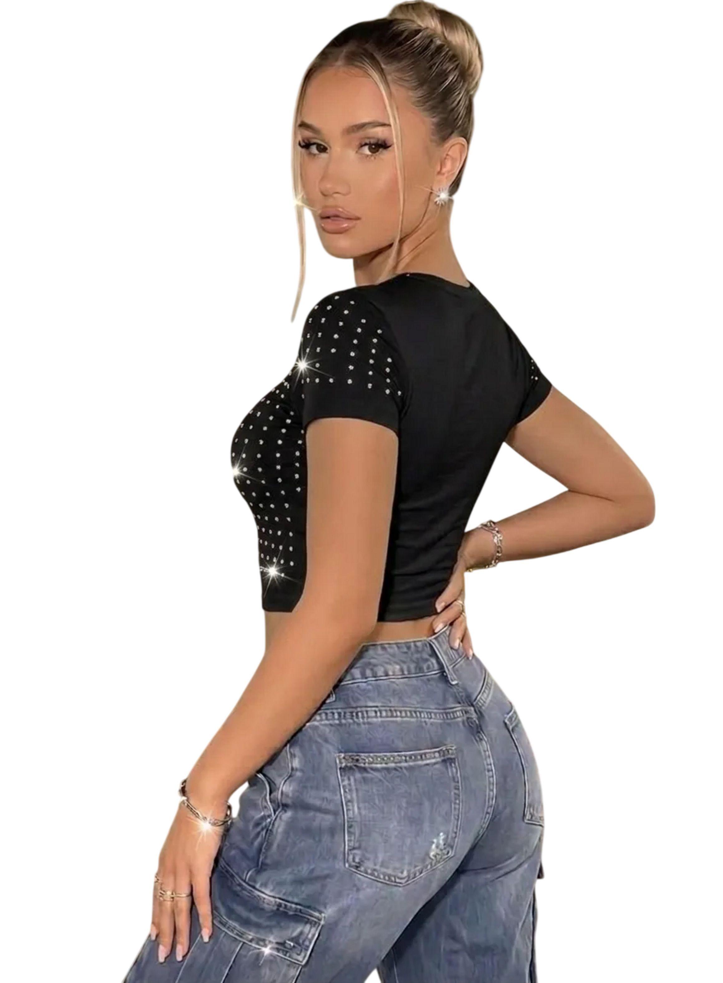 Crop Top Cuello Redondo De Manga Corta Y Brillos Mujer-2