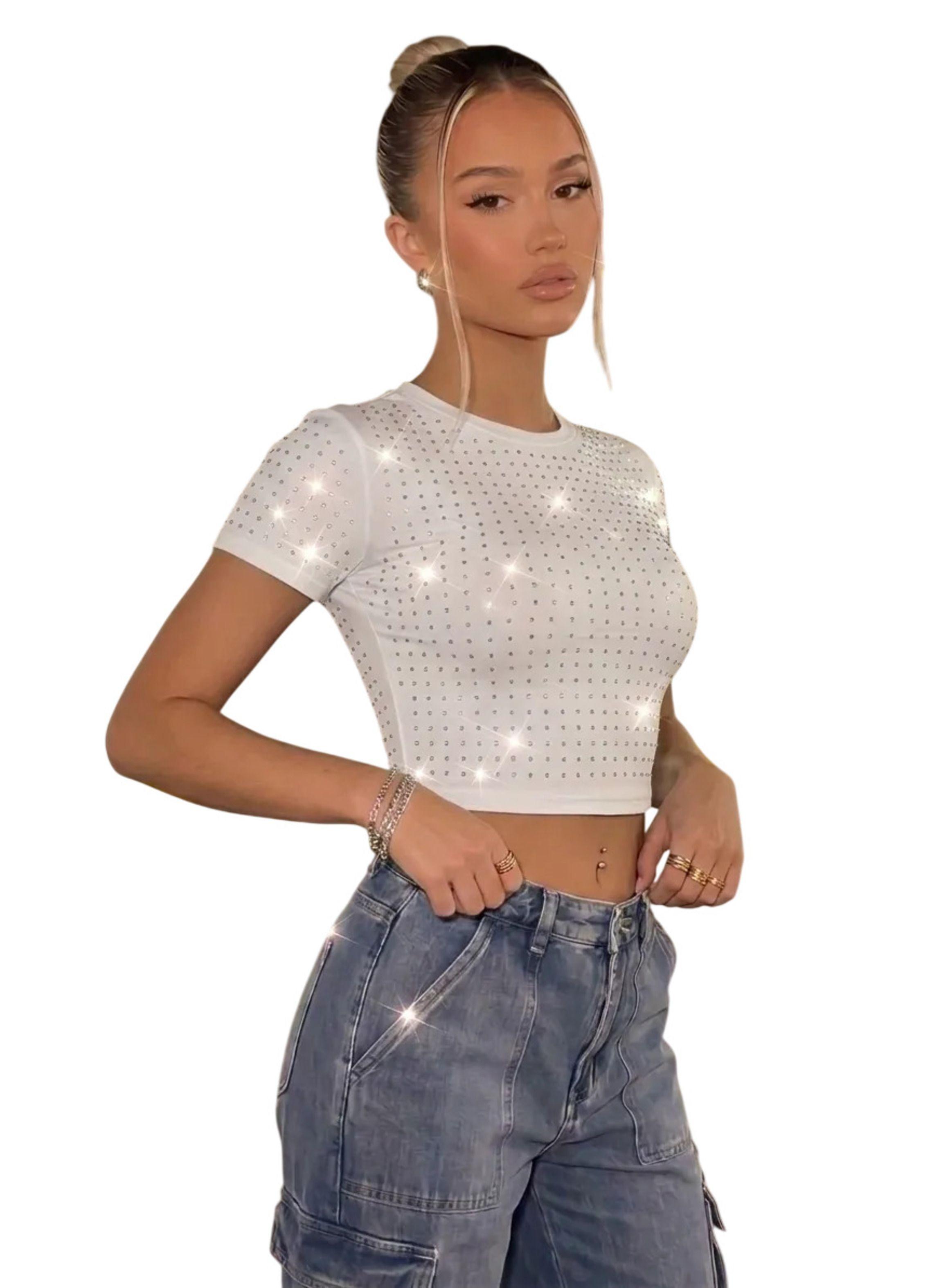Crop Top Cuello Redondo De Manga Corta Y Brillos Mujer-0