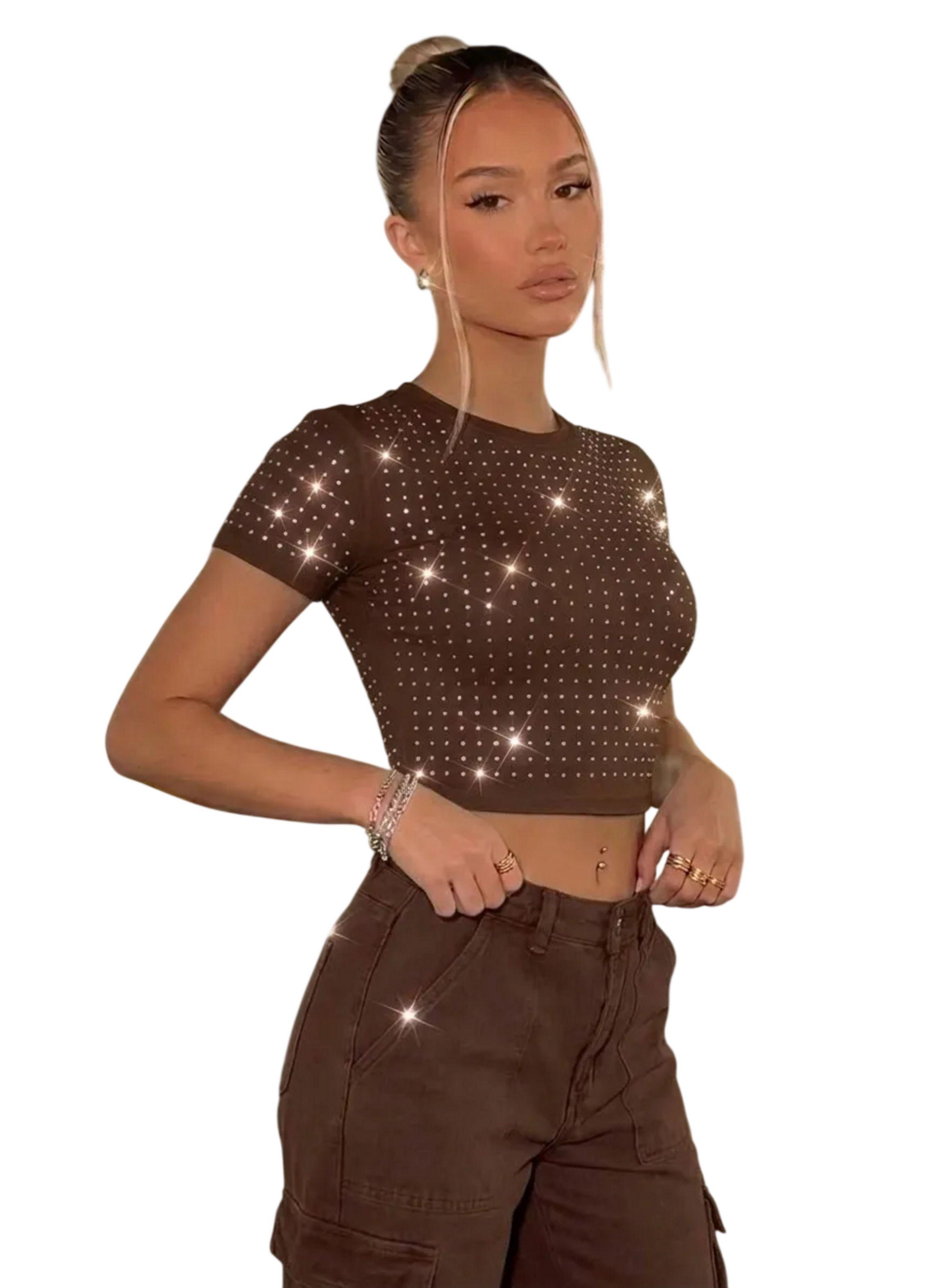 Crop Top Cuello Redondo De Manga Corta Y Brillos Mujer-0
