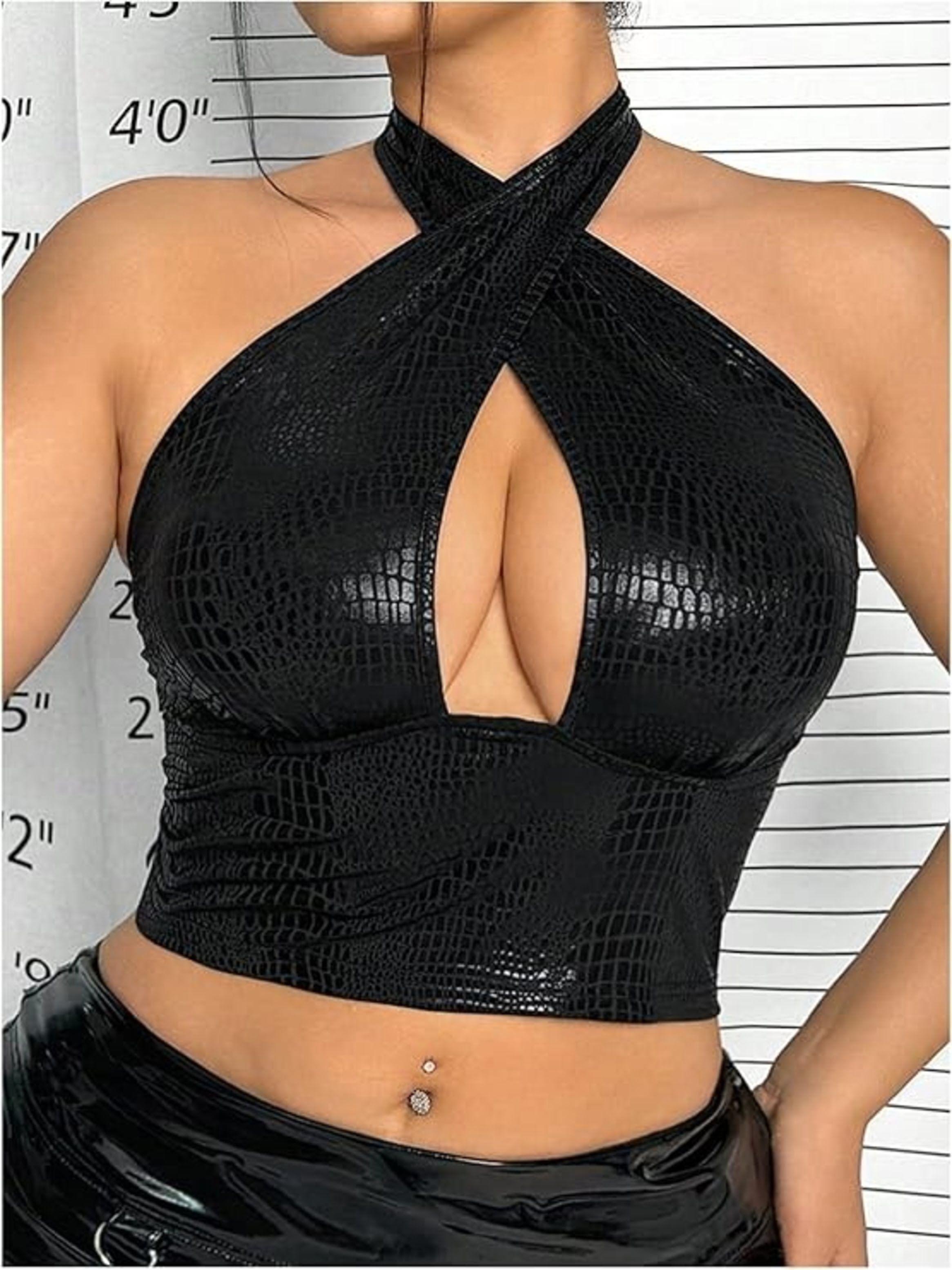 Crop Top Corto Cuello Halter Efecto Eco Cuero Para Mujer-3