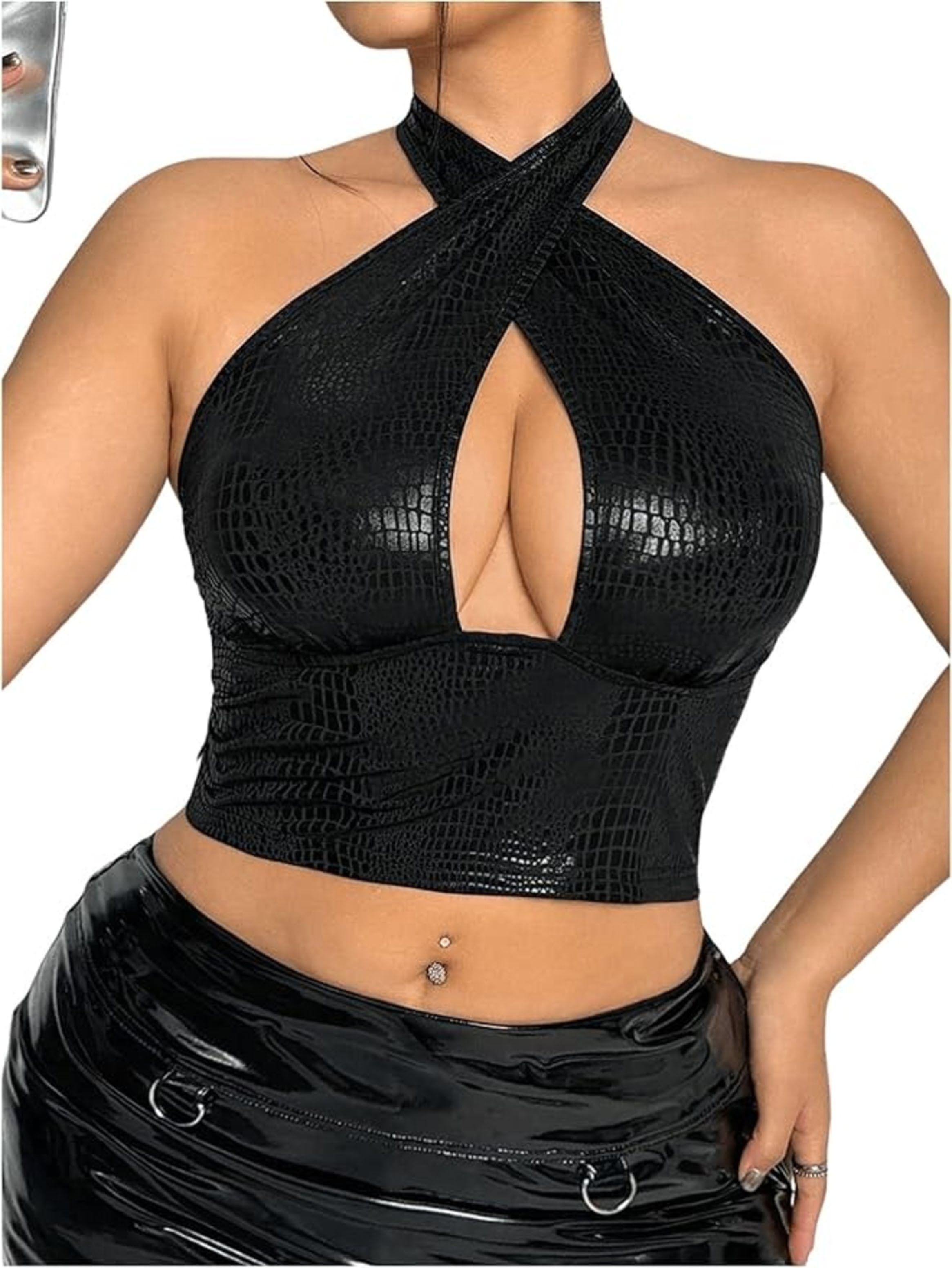 Crop Top Corto Cuello Halter Efecto Eco Cuero Para Mujer-4