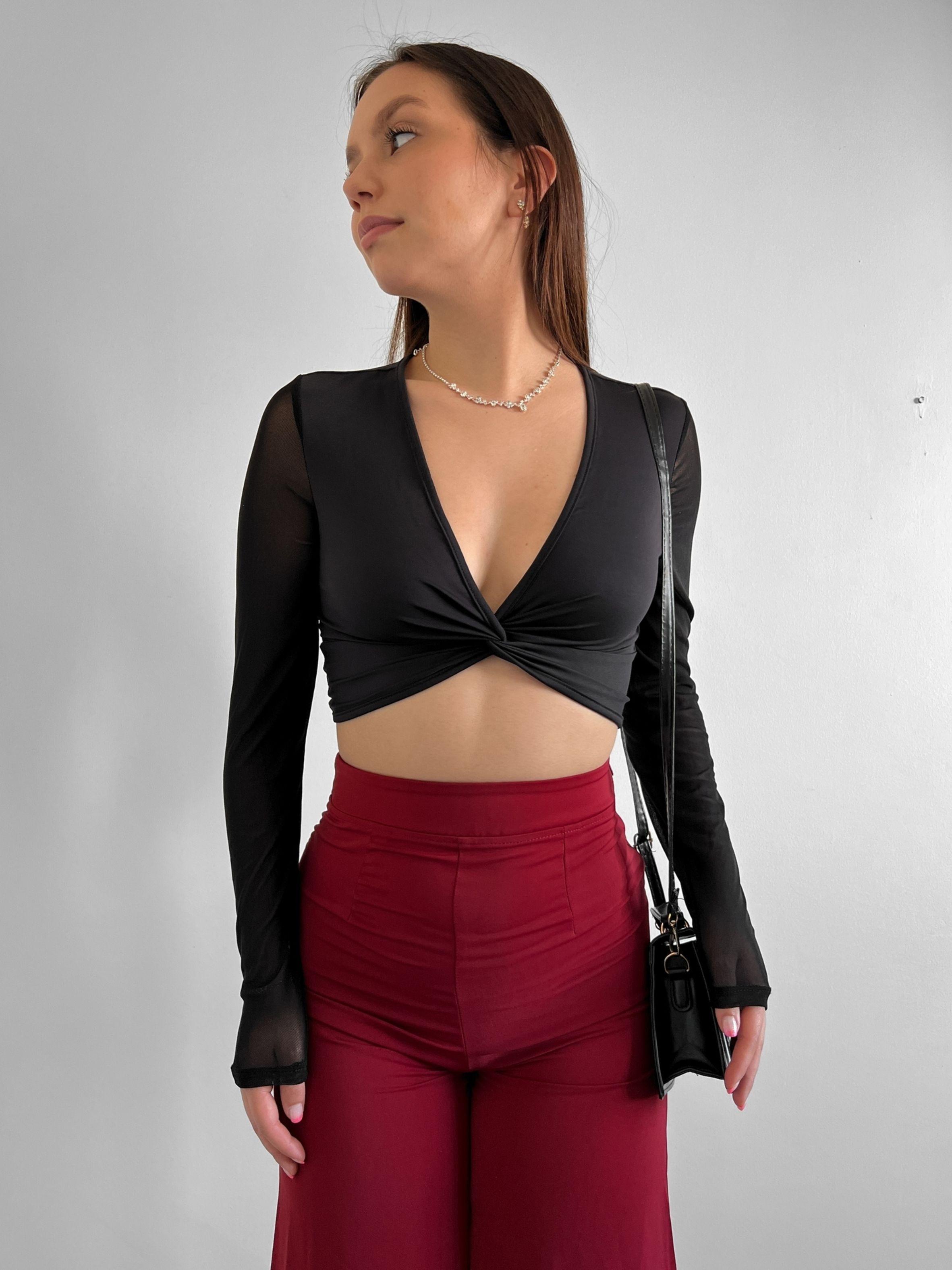 Crop Top Manga Larga Para Mujer Con Escote En V-0