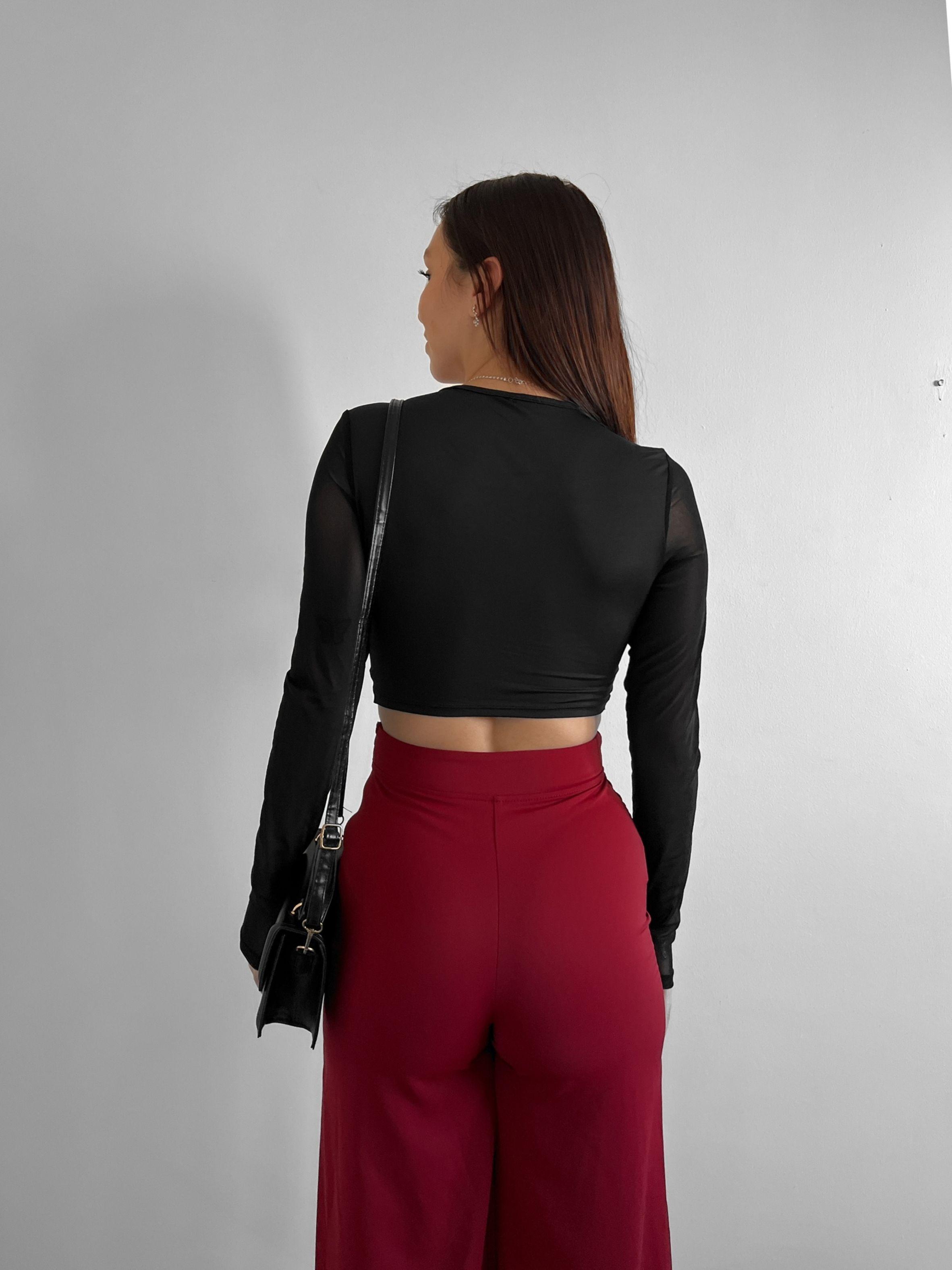 Crop Top Manga Larga Para Mujer Con Escote En V-1