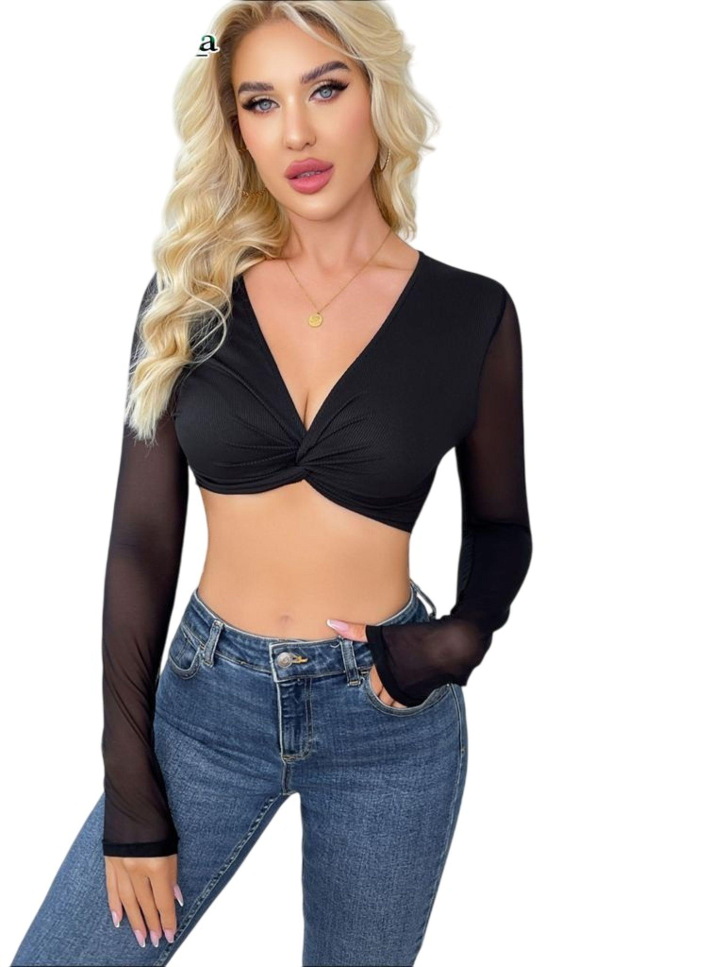 Crop Top Manga Larga Para Mujer Con Escote En V-0