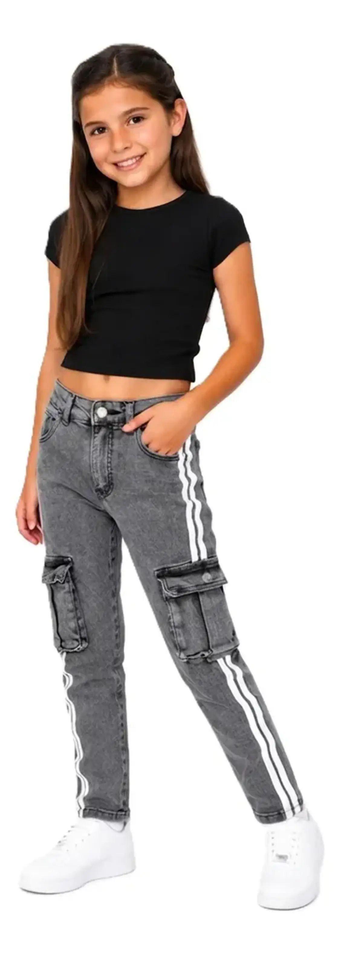 Jeans De Algodón Pantalón Cargo Con Líneas Blancas de Niñas-0