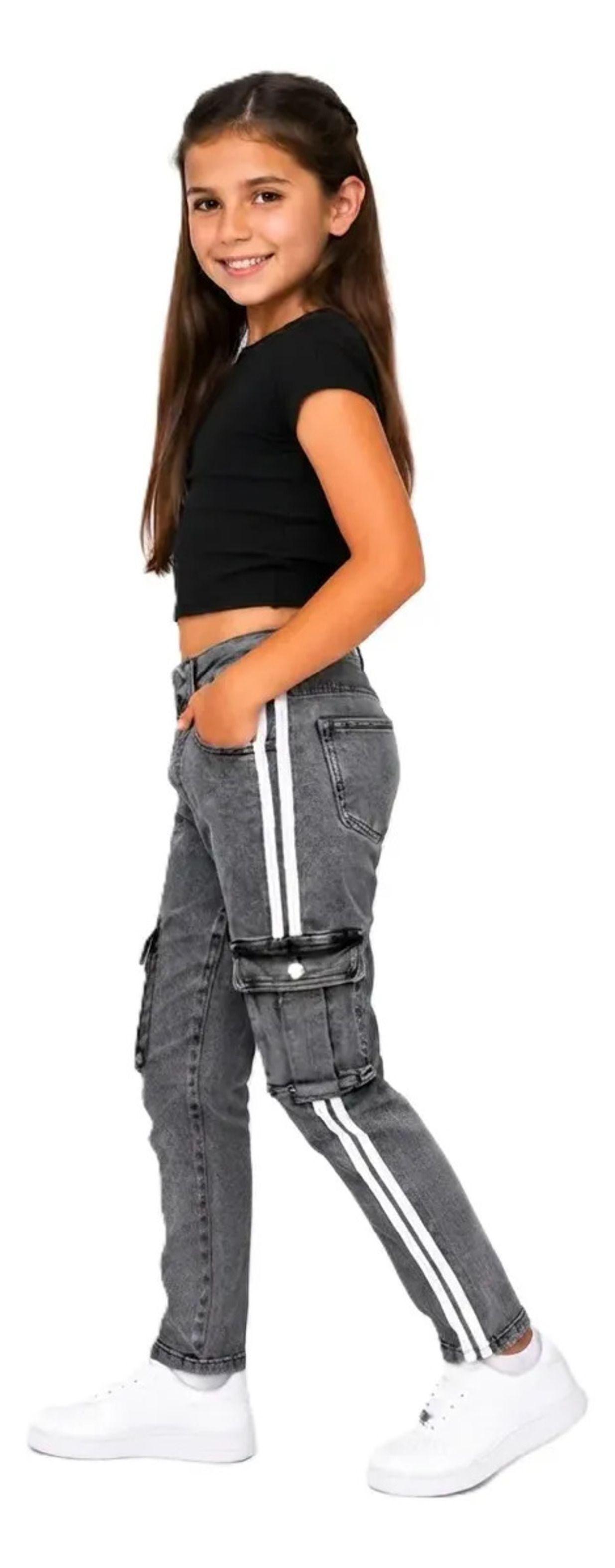 Jeans De Algodón Pantalón Cargo Con Líneas Blancas de Niñas-1