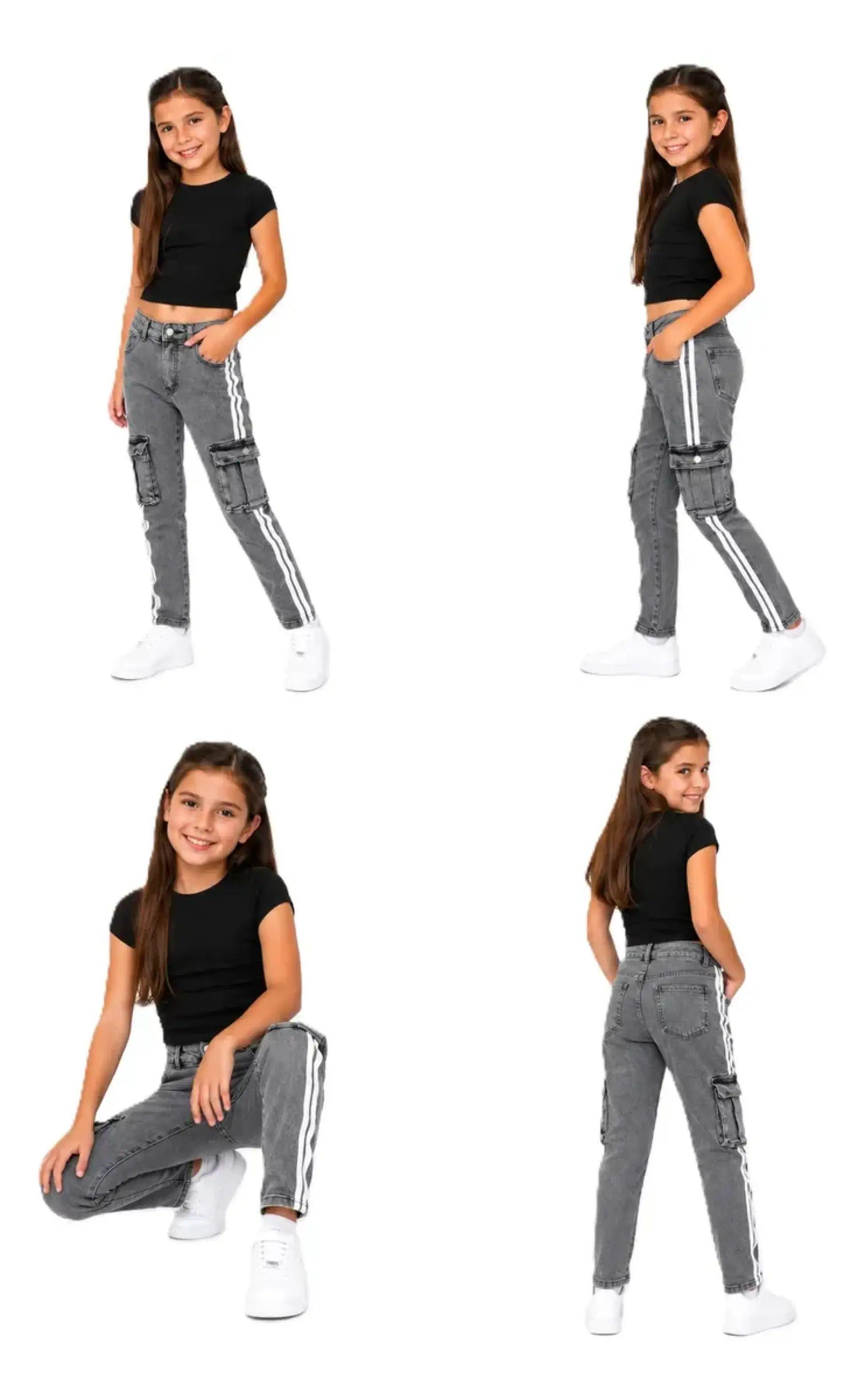 Jeans De Algodón Pantalón Cargo Con Líneas Blancas de Niñas-2