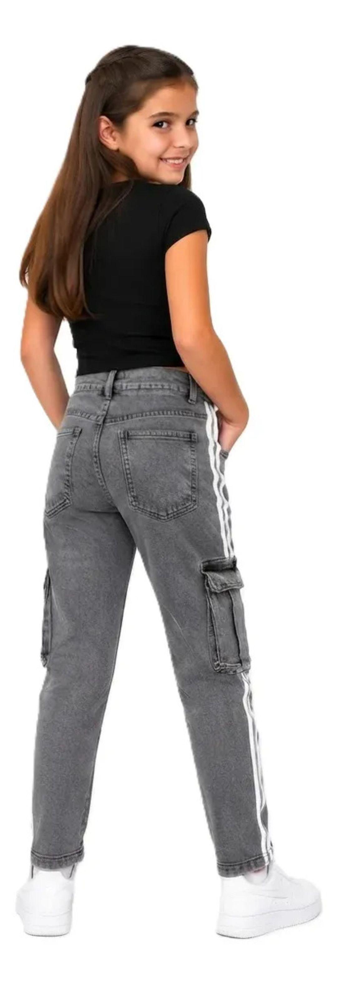 Jeans De Algodón Pantalón Cargo Con Líneas Blancas de Niñas-3