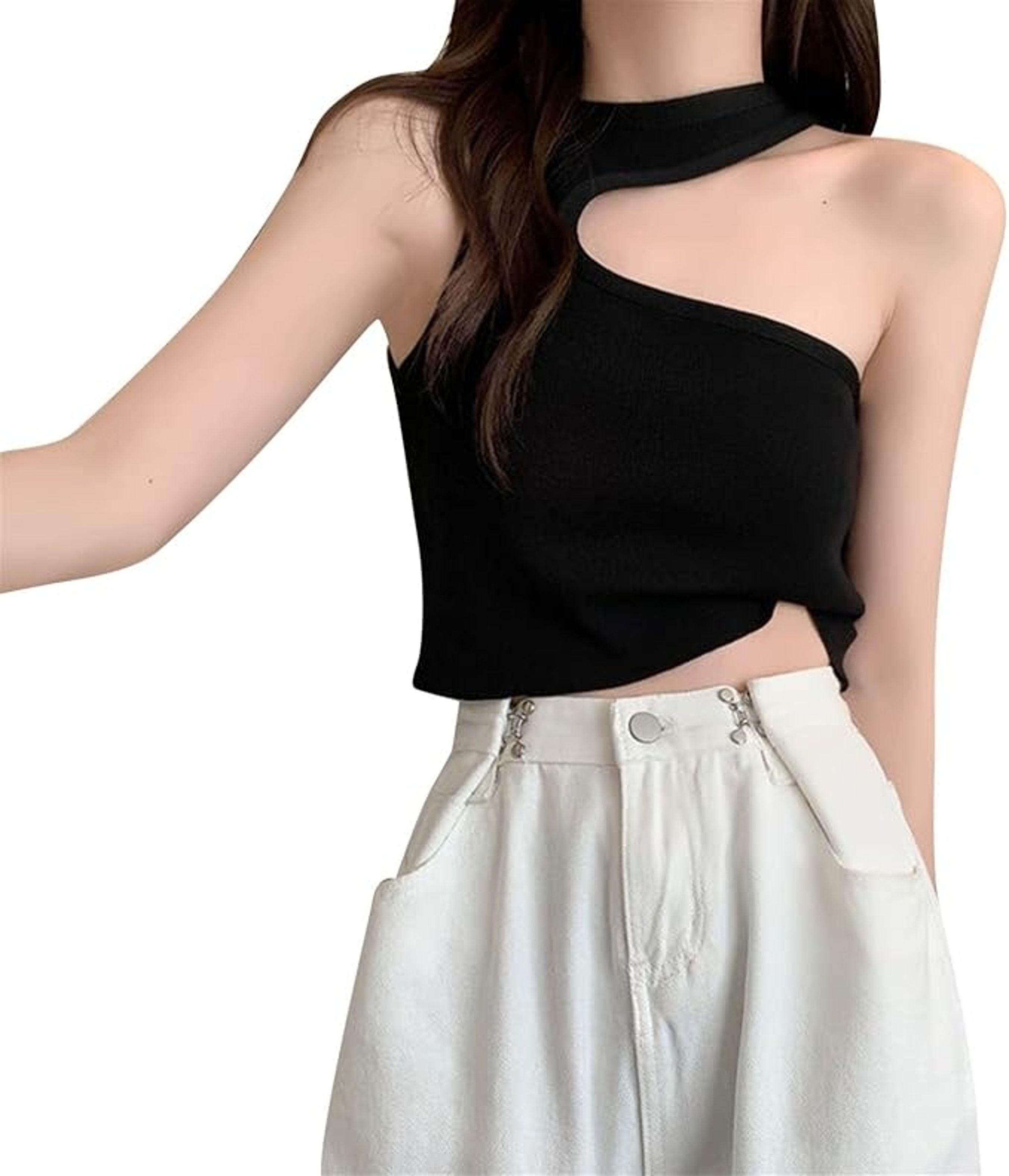 Crop Top Sin Mangas Para Mujer Con Escote asimétrico-0