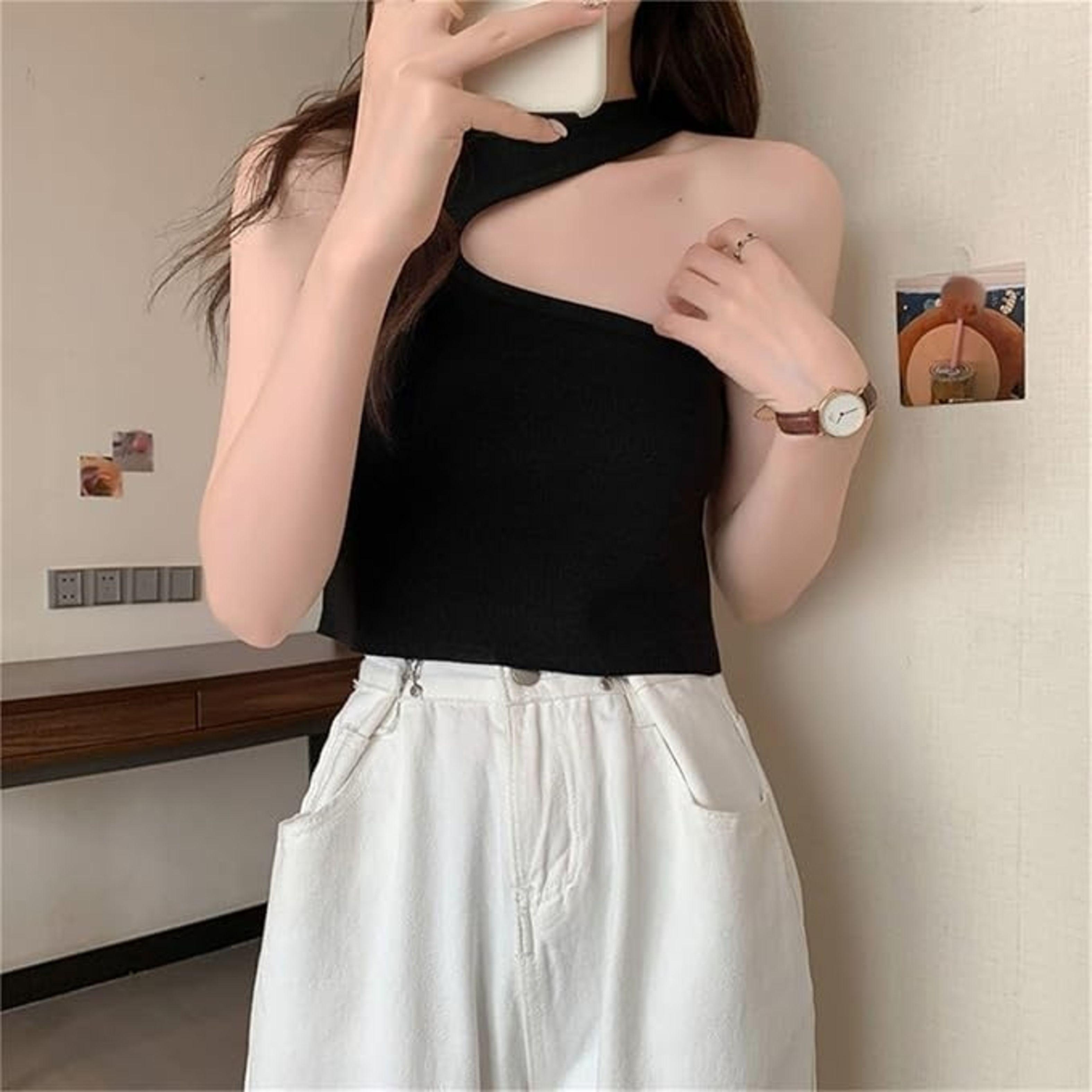 Crop Top Sin Mangas Para Mujer Con Escote asimétrico-2