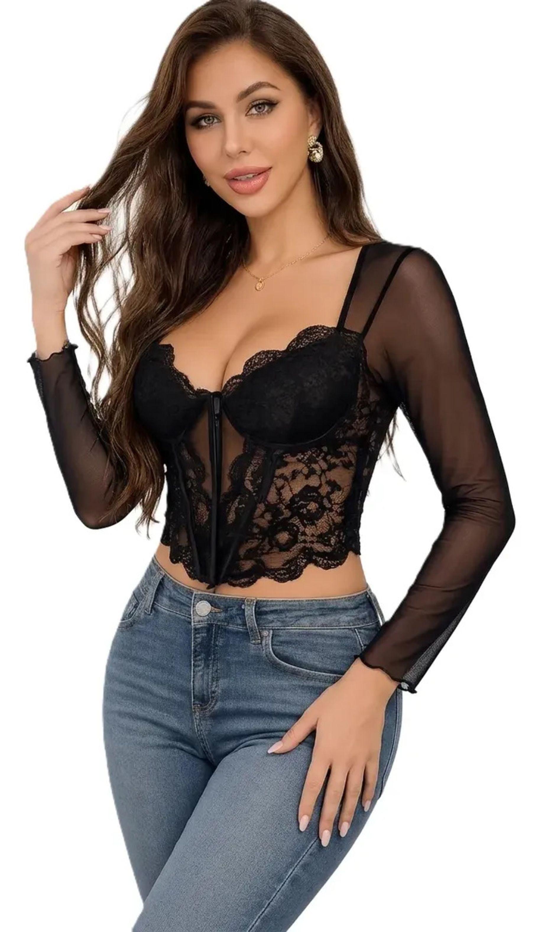 Crop Top Con Cierre De Manga Larga Translucida Para Mujer-0