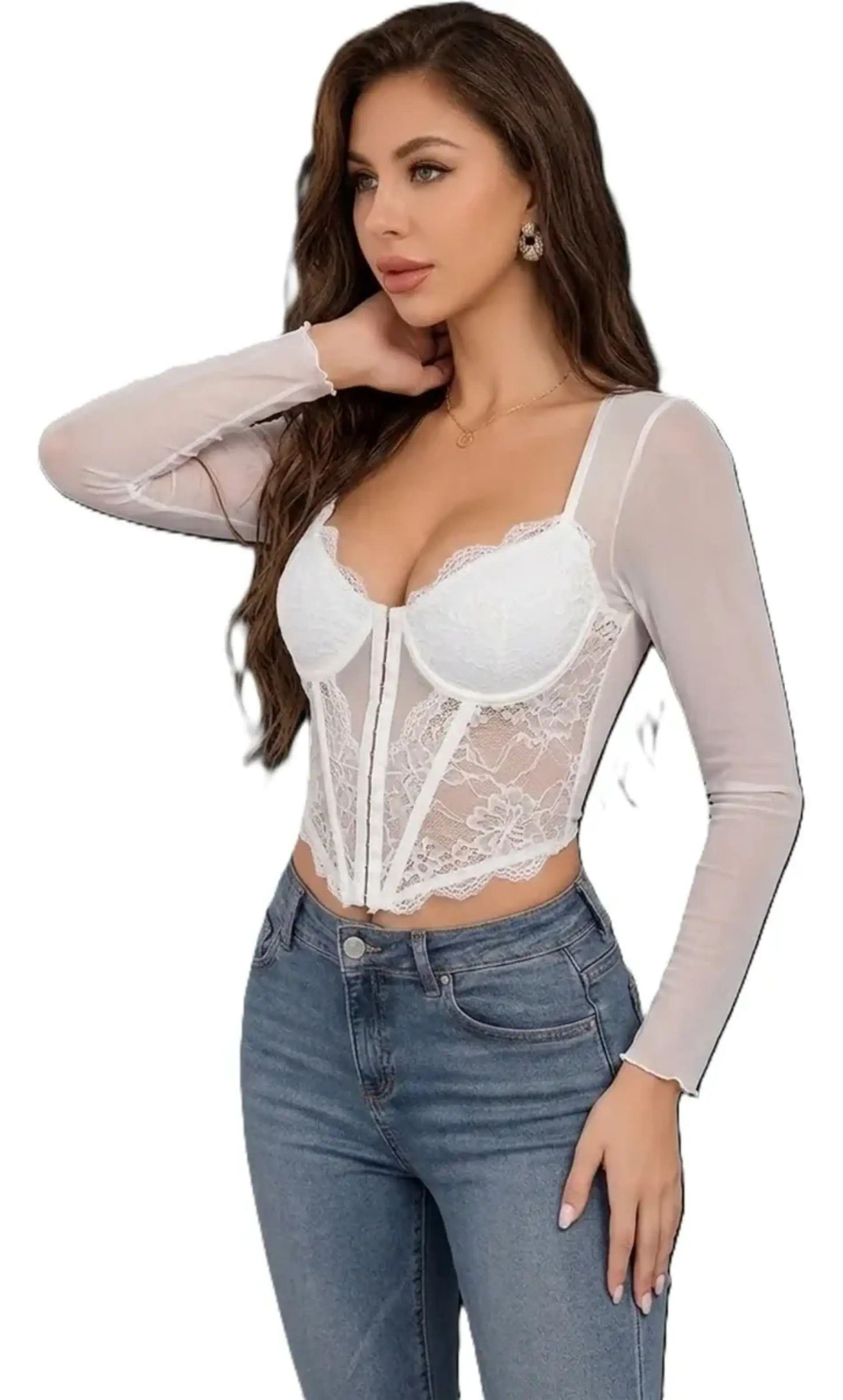 Crop Top Con Cierre De Manga Larga Translucida Para Mujer-2