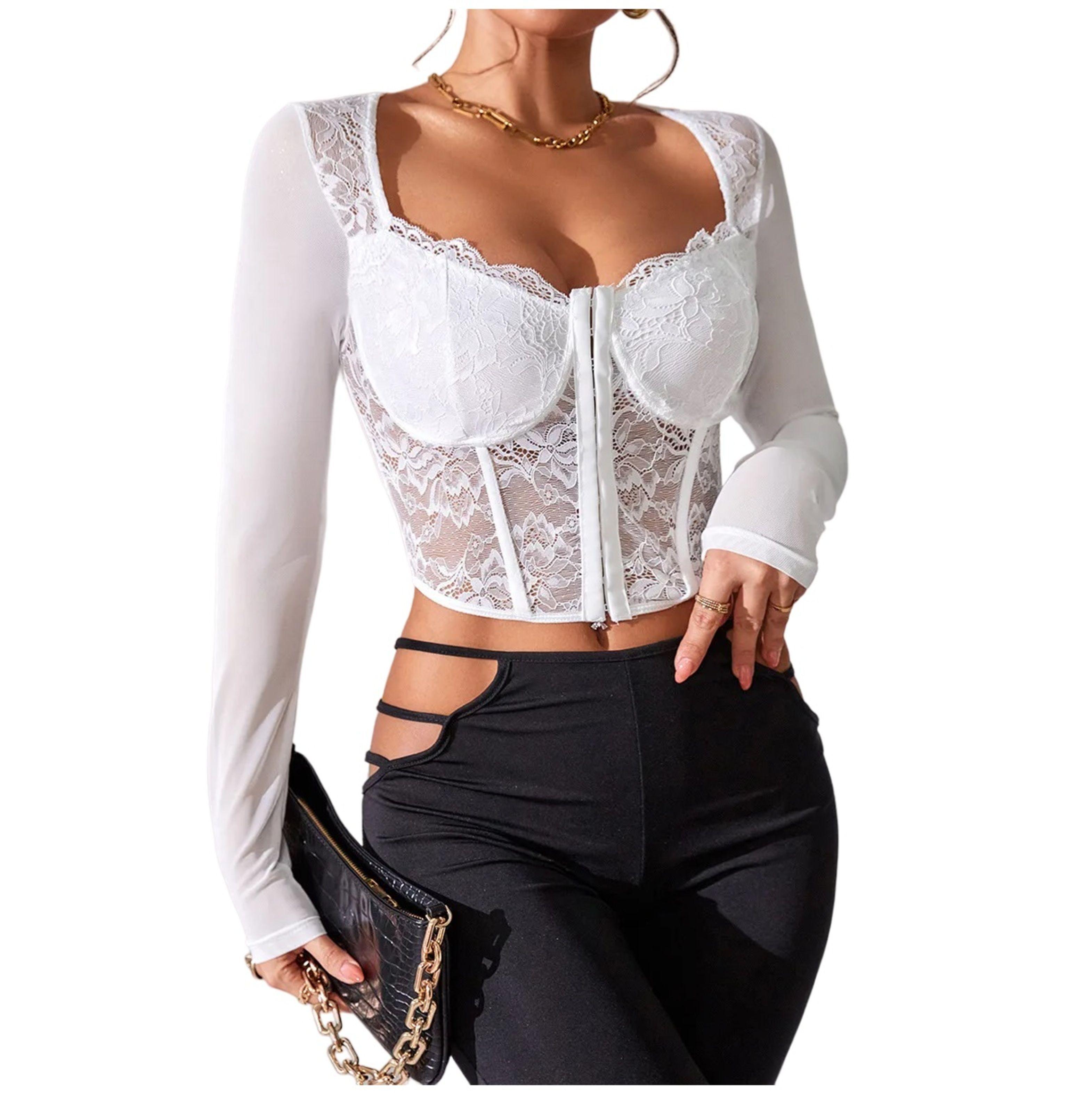Crop Top De Manga Larga Y Encaje Estilo Corset Para Mujer-2
