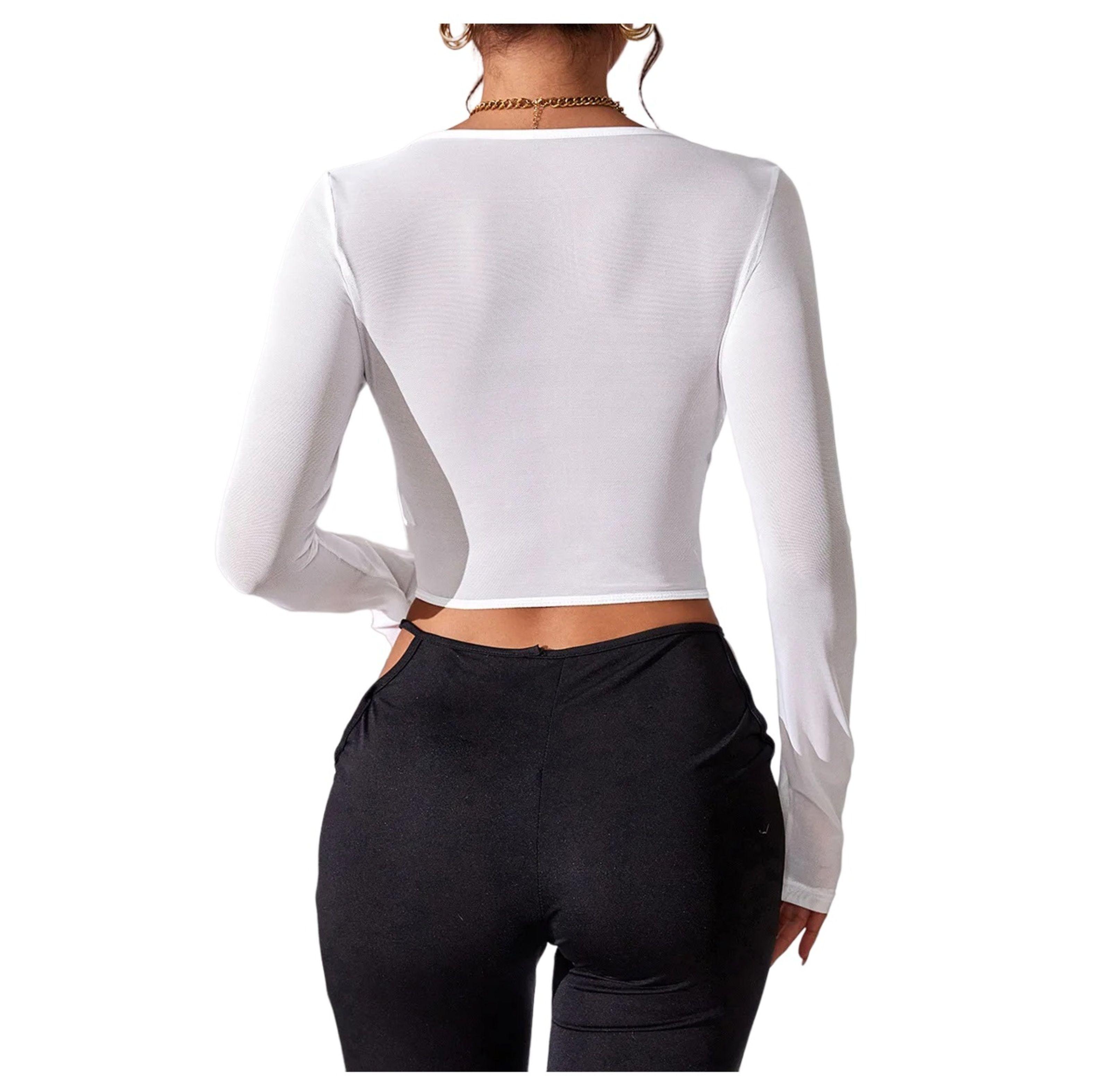 Crop Top De Manga Larga Y Encaje Estilo Corset Para Mujer-3