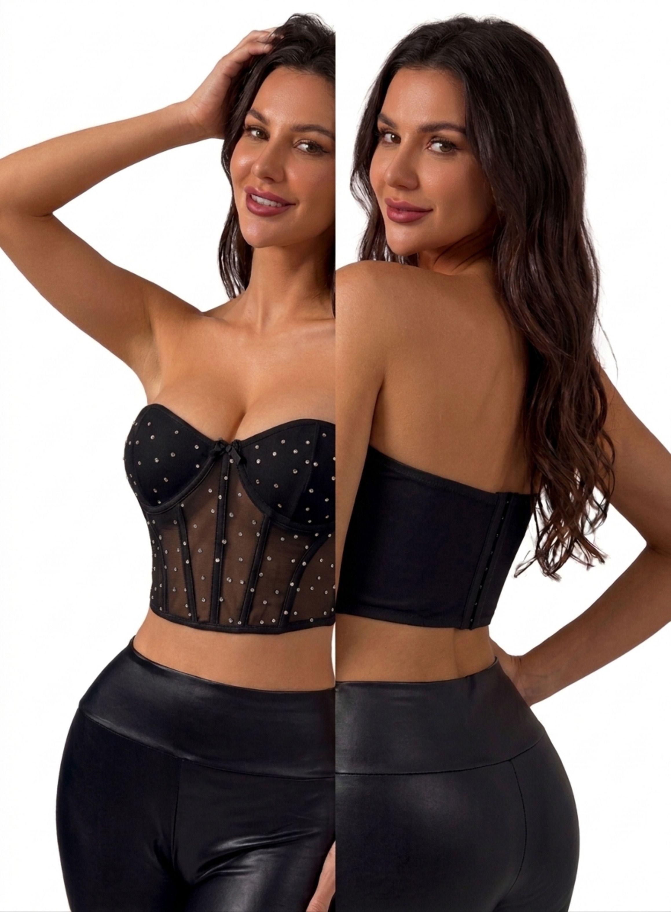 Crop Top De Strapless Para Mujer Con Brillo Y Broches-2