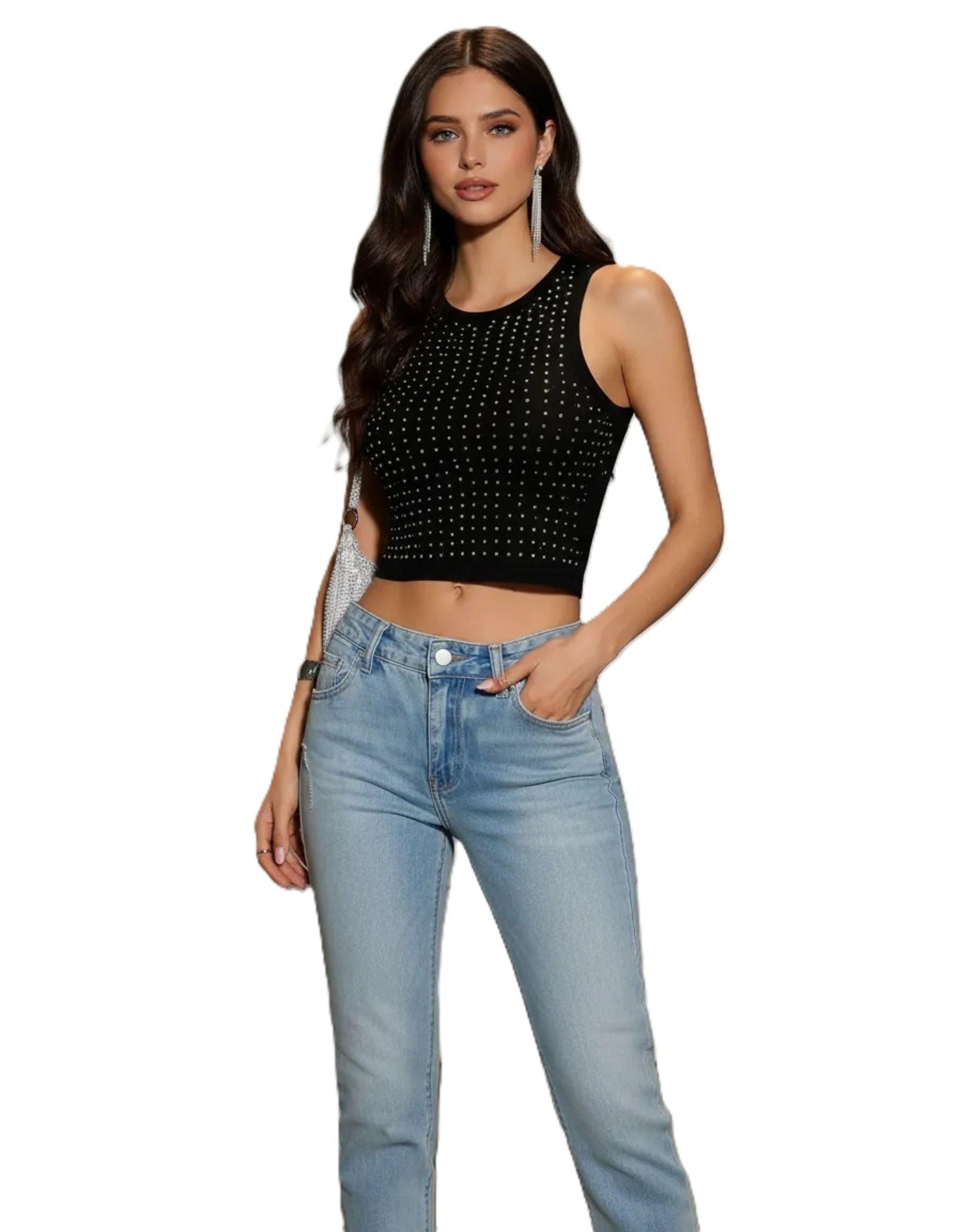 Crop Top Para Mujer Diseño Con Brillos - Sin Mangas-1