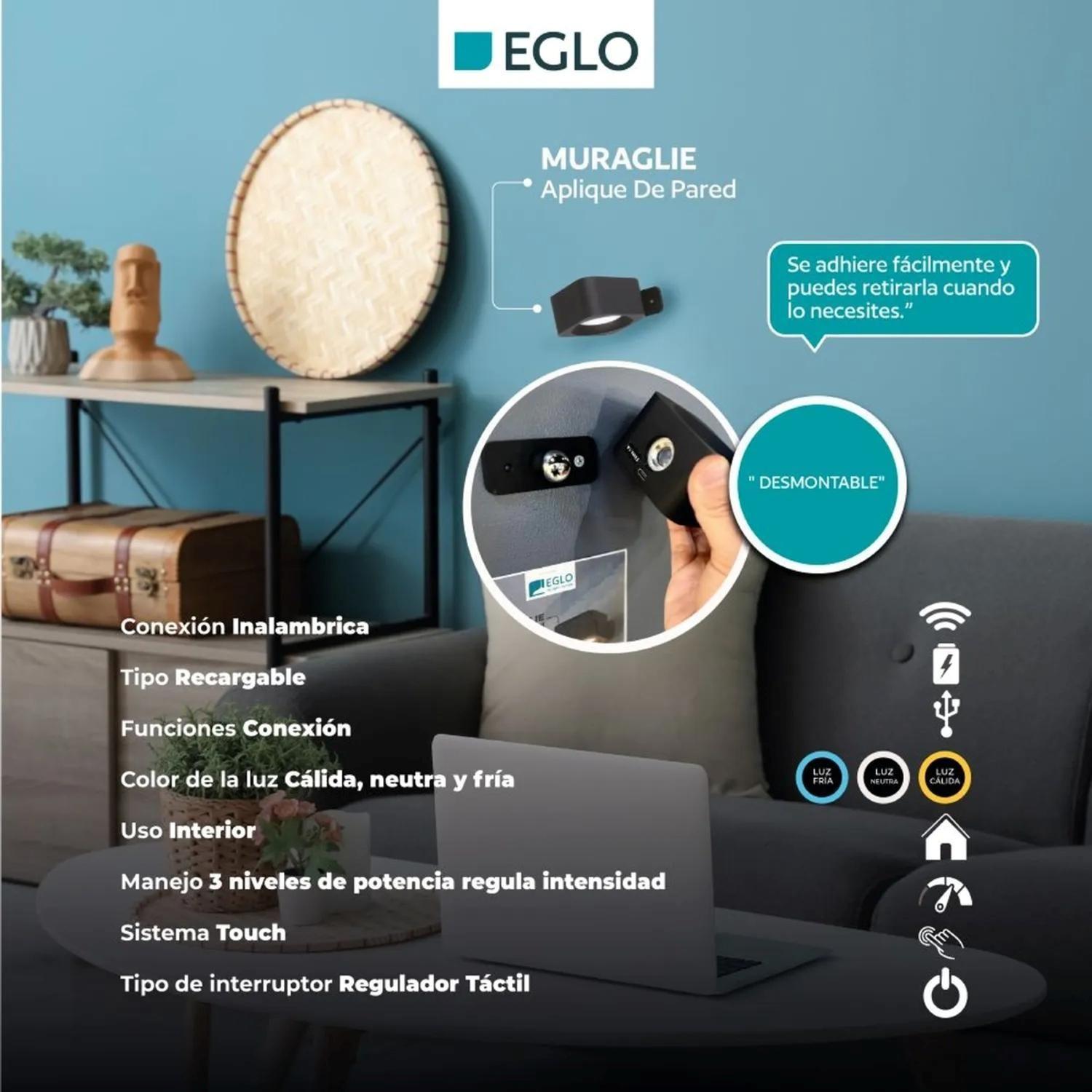 Aplique Pared Recargable USB Negro 5W Muraglie Eglo 74119-6