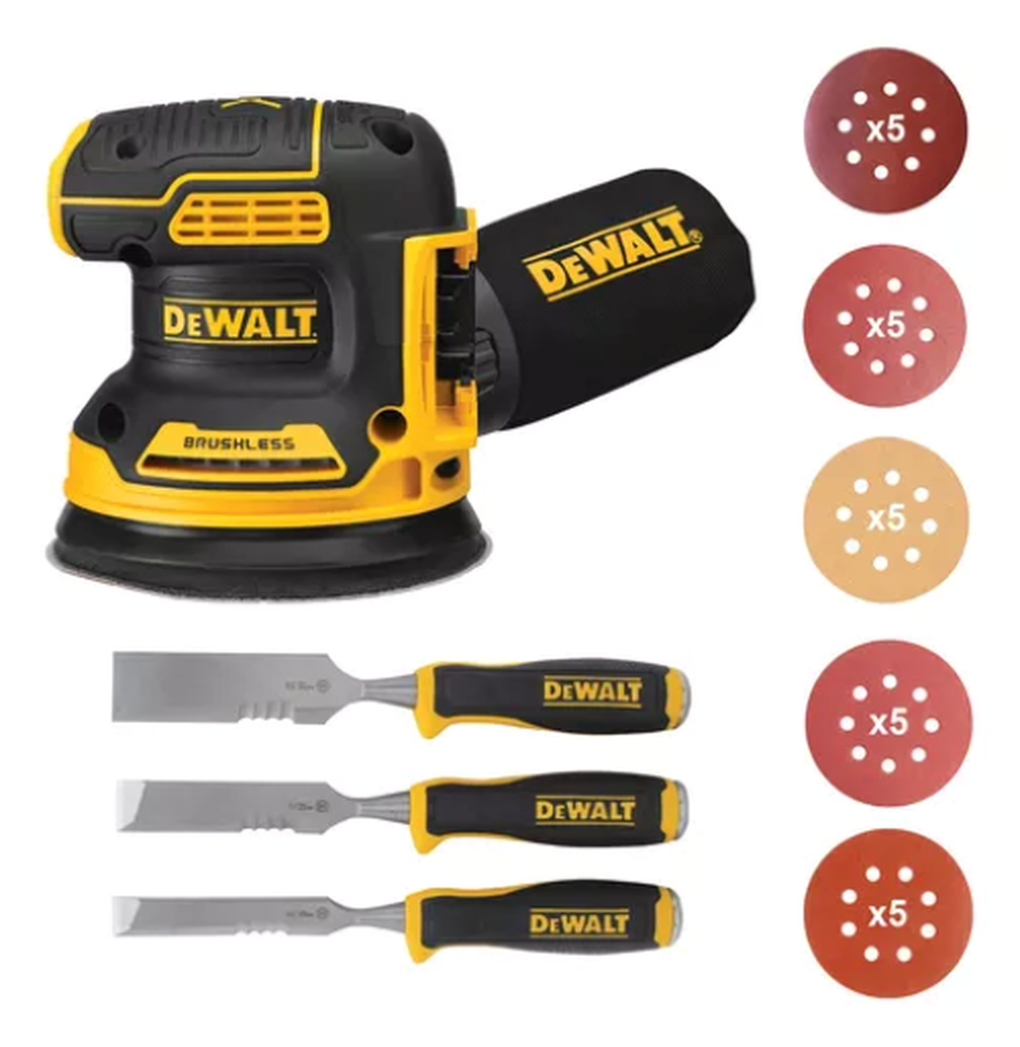 Kit Lijadora Roto Orbital Dcw210b + 25 Discos + 3 Formones Dewalt-0