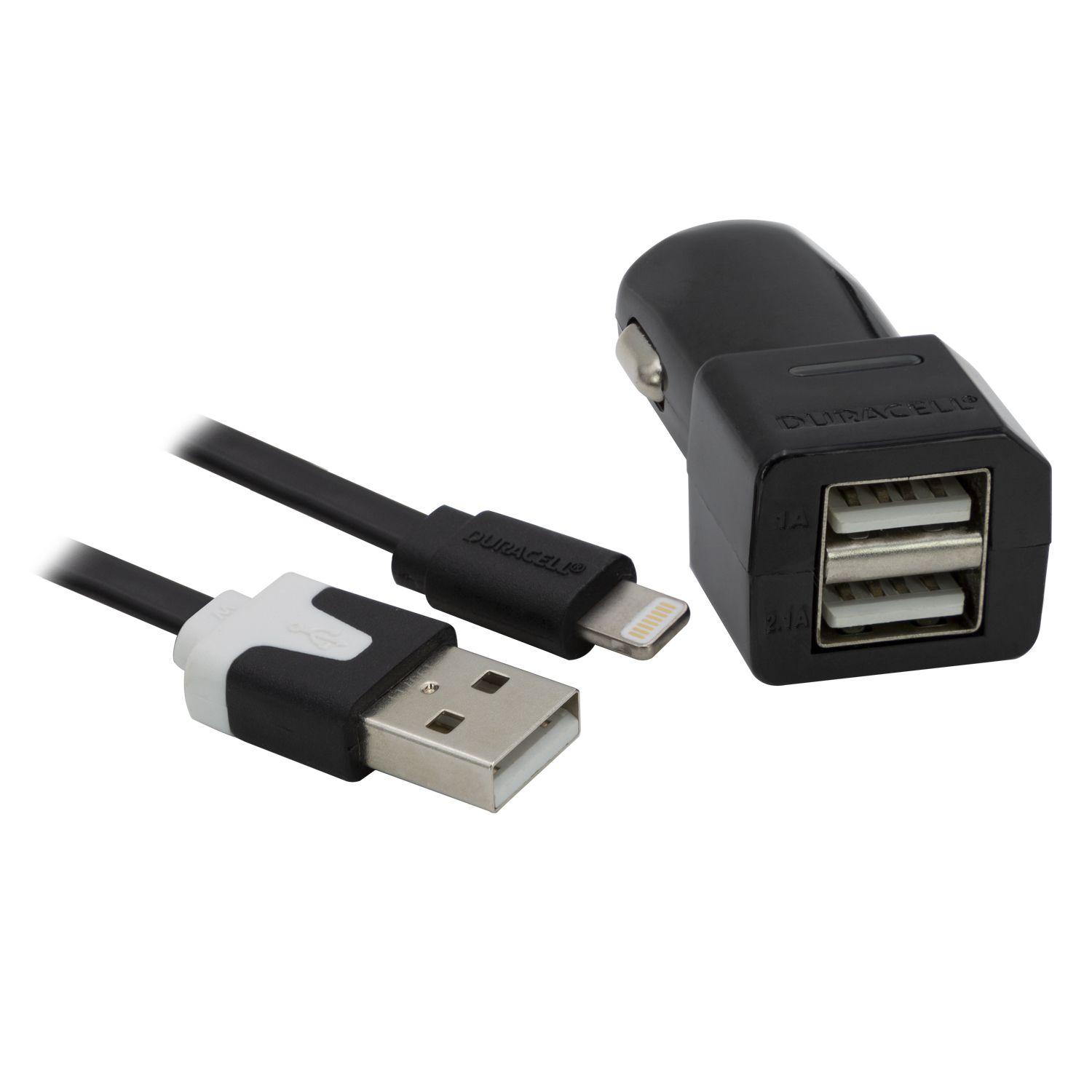 CARGADOR AUTO 2,1A + CABLE IPHONE 5/6 CERTIF DURACELL PRO183-3