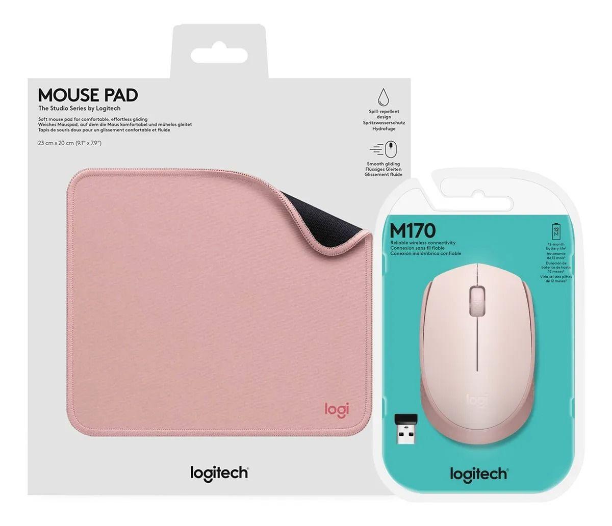 Kit Mouse M170 Inalámbrico Rosa + Mousepad Studio-2