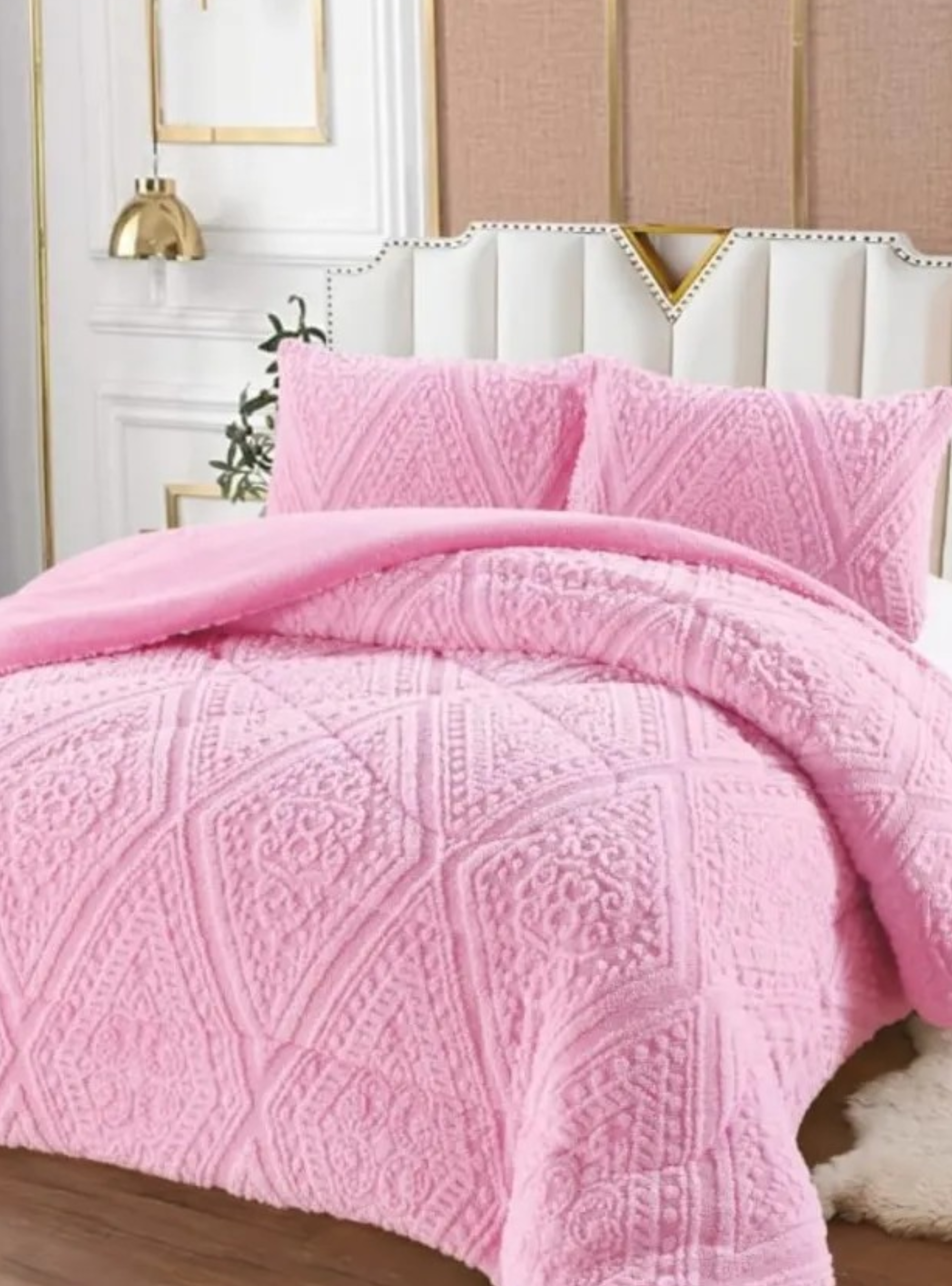 Plumón Rosa 2 Plazas Diseño Trenzado, Polar + 2 Fundas Polar-2