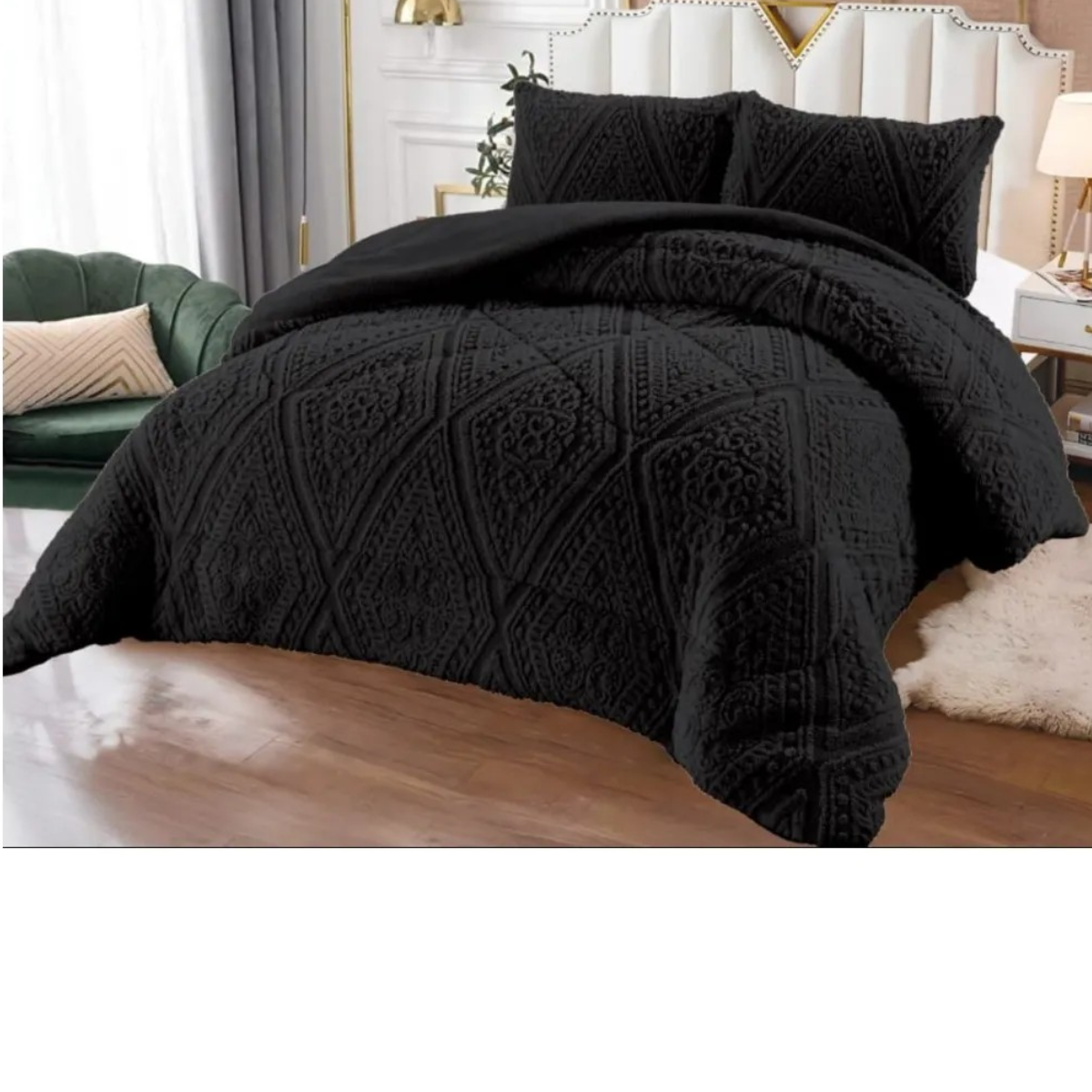 Plumón Negro 2 Plaza Diseño Trenzado, Polar + 2 Fundas Polar -3