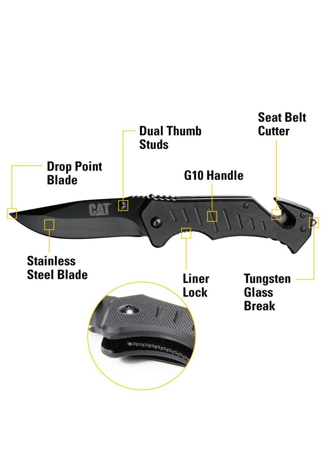 CUCHILLO NAVAJA PLEGABLE CAT 980012 PUNTA CURVA CON ROTURA DE VIDRIO Y CORTADOR DE BANDA-2