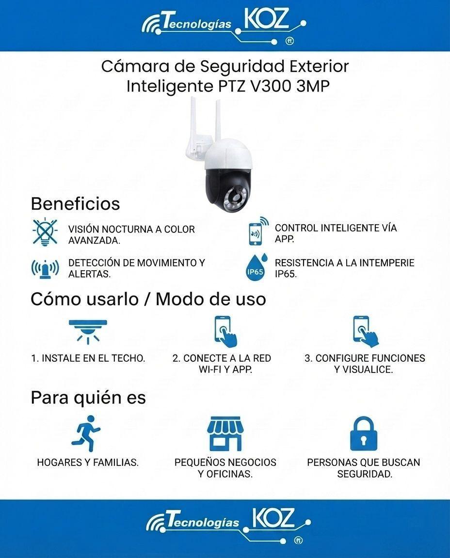 Cámara de Seguridad Exterior Inteligente PTZ V300 3MP, Wifi-3