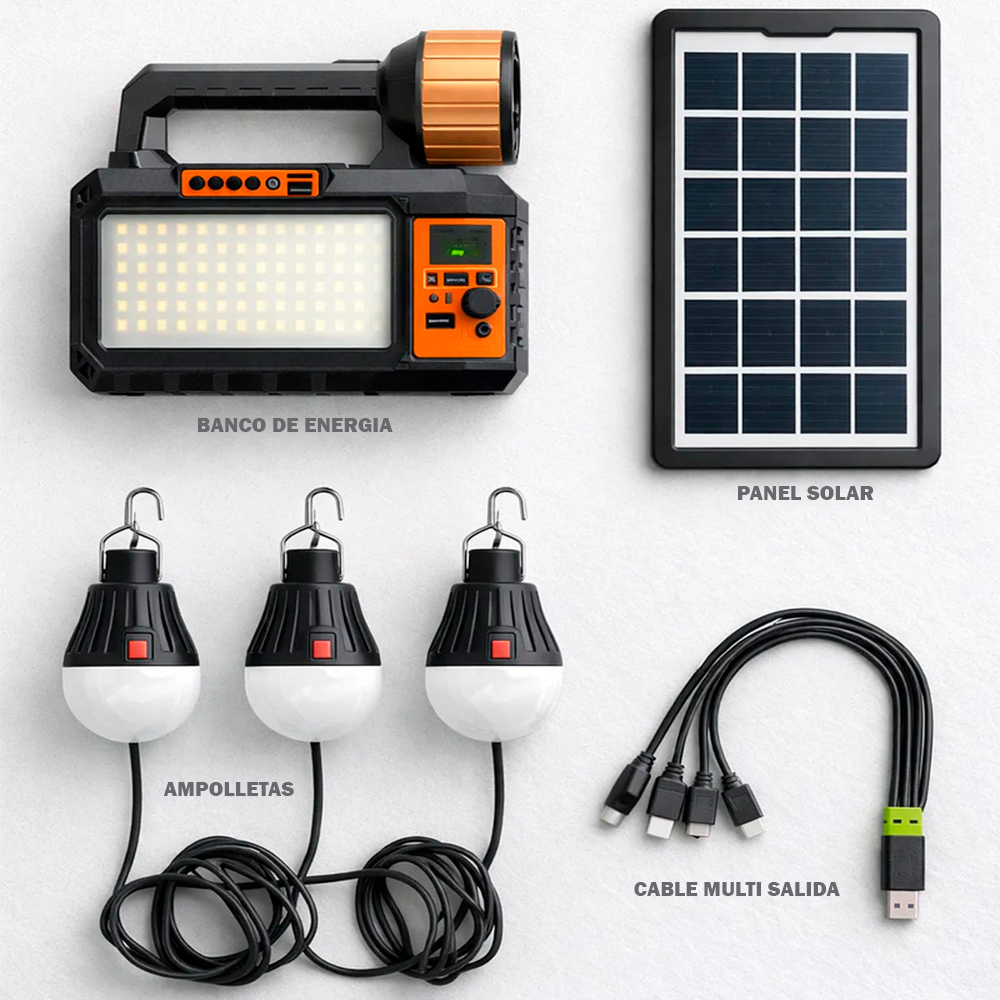 Kit Emergencia Solar Recargable Luz Led Radio Power Bank 3-3