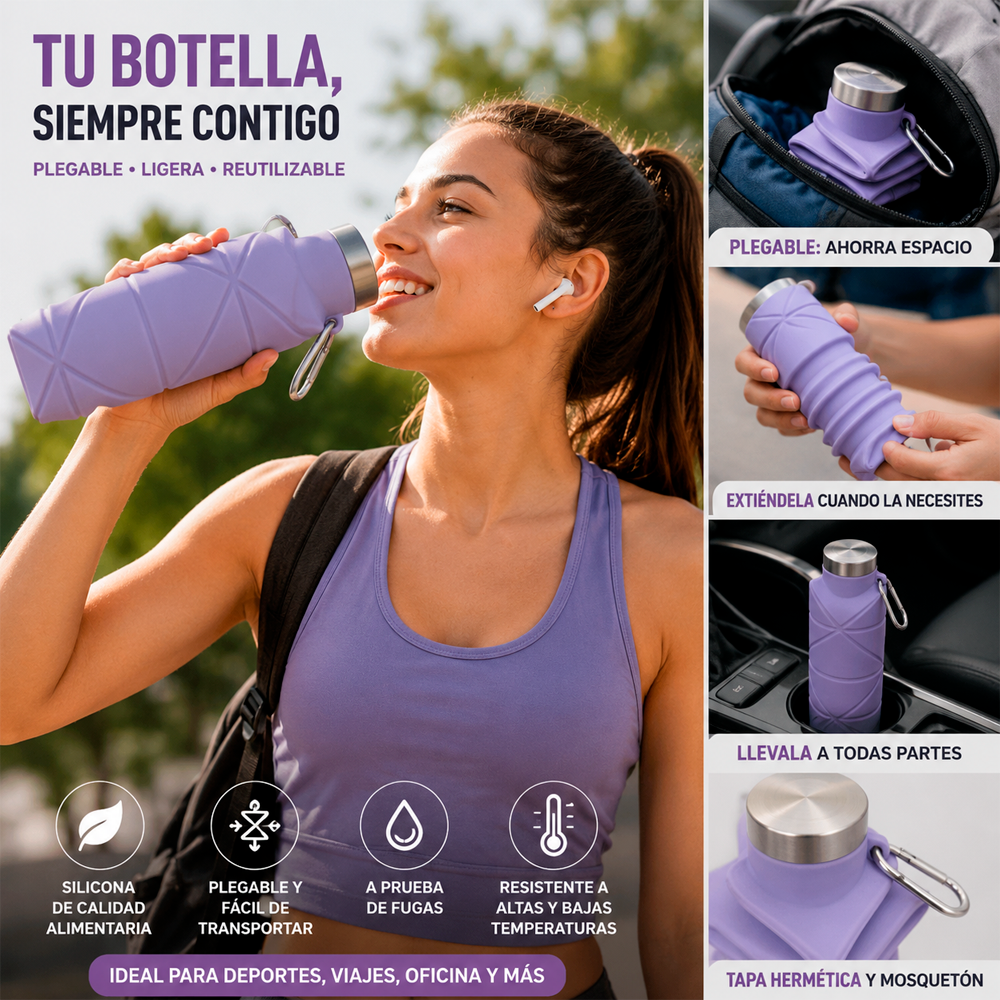 Botella Agua Plegable Silicona 600ml Deportiva Gym Viaje-3