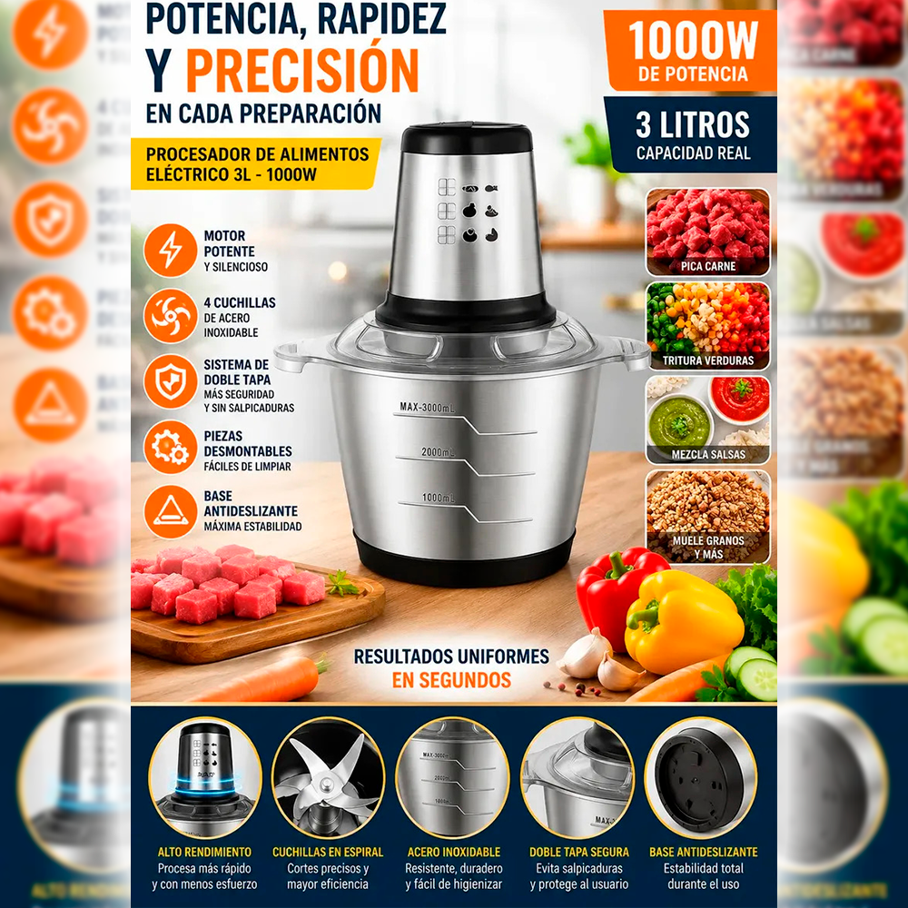 Procesador De Alimentos El ctrico 3 Litros 1000w Acero Inoxi-3