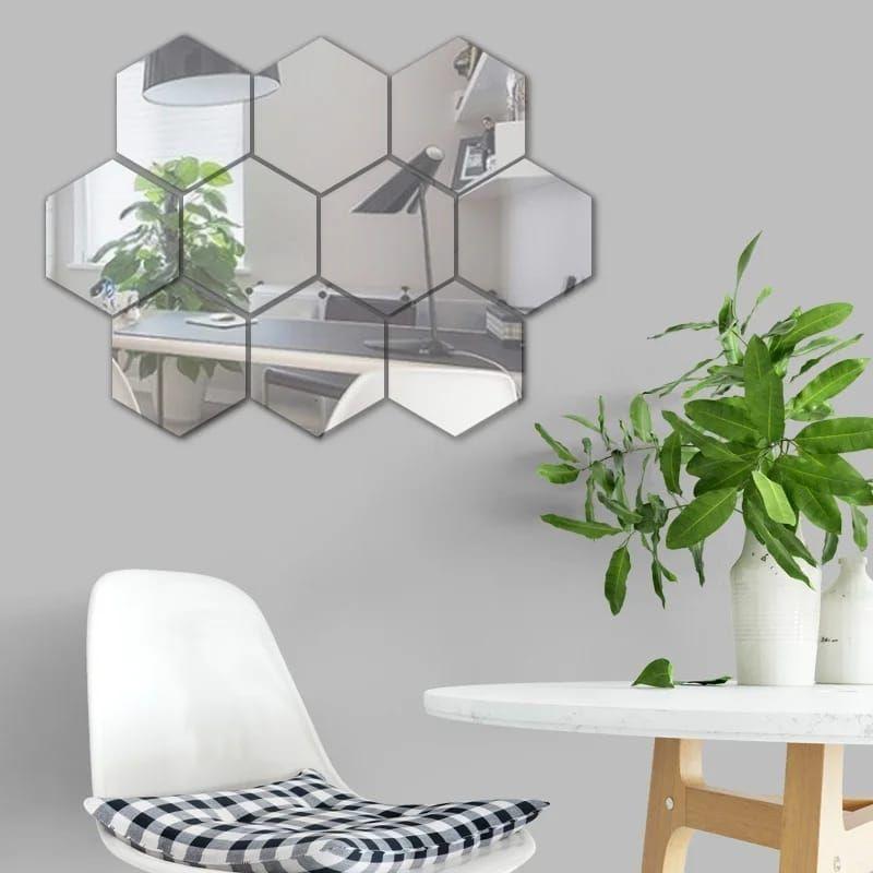 Pack X6 Vinilo Espejo Pared Adhesivo Hexagonal Decorativo-2