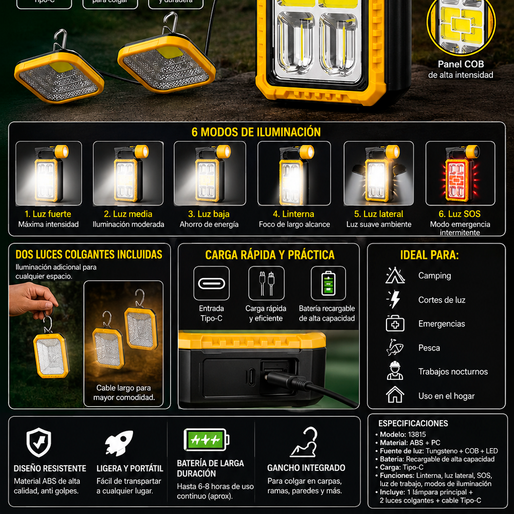 Lampara Emergencia Recargable Linterna Led Camping Usb C 2 L-8