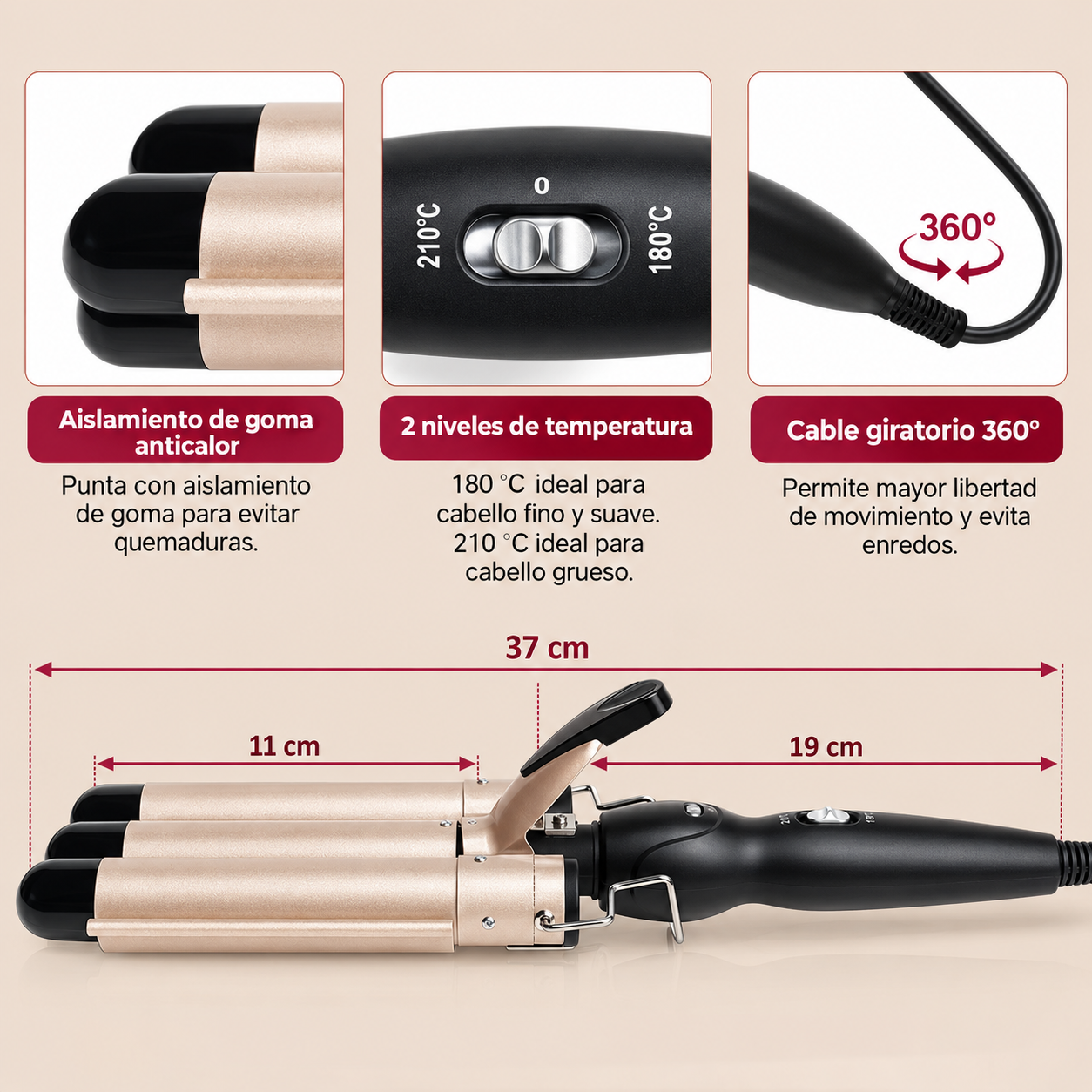 Rizador De Pelo Triple Cer mico Ondas Sirena 3 Tubos Profesional-3