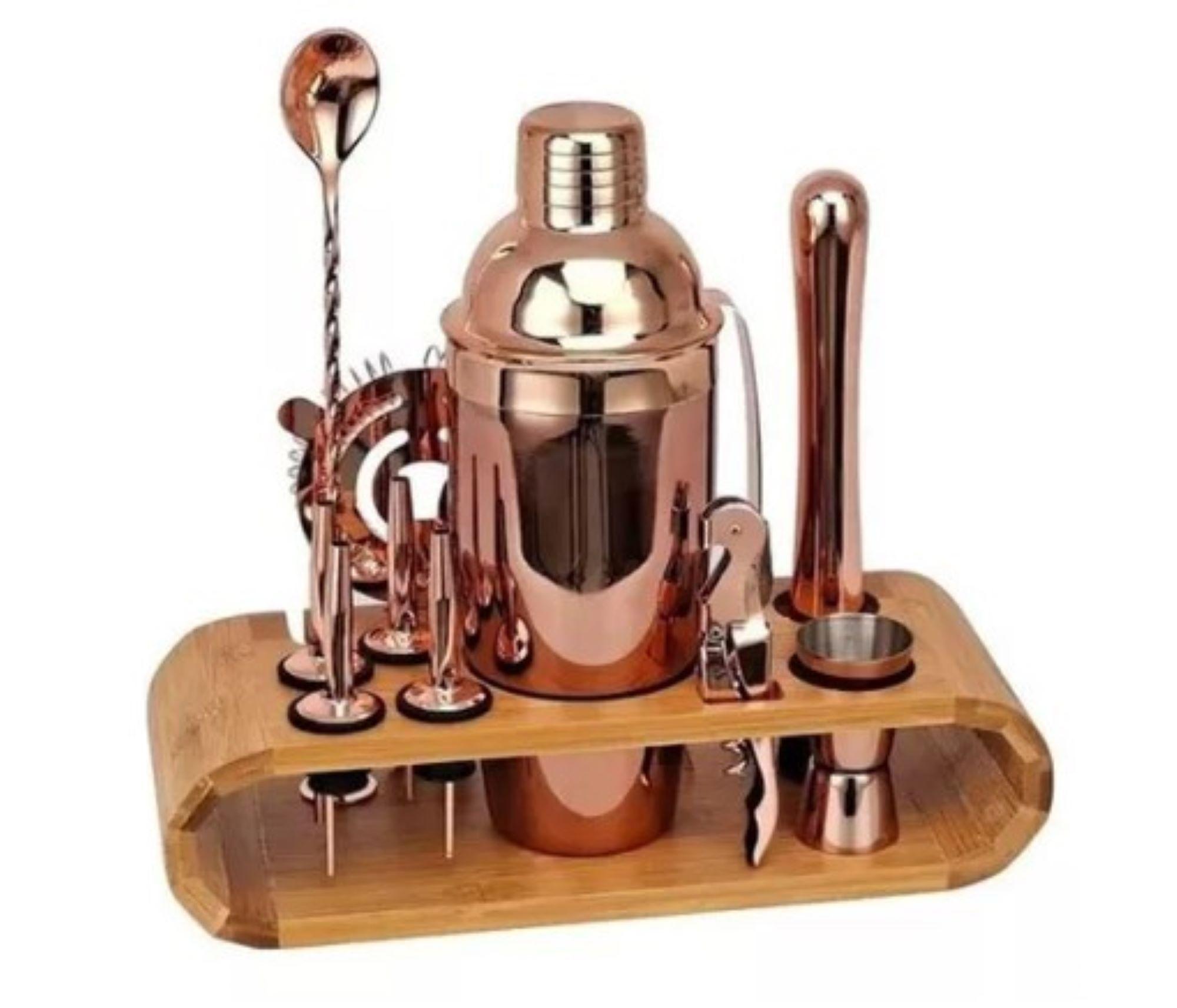 SET DE COCTELERÍA 15 PIEZAS COBRE CON BASE DE MADERA VOX (4294)-1