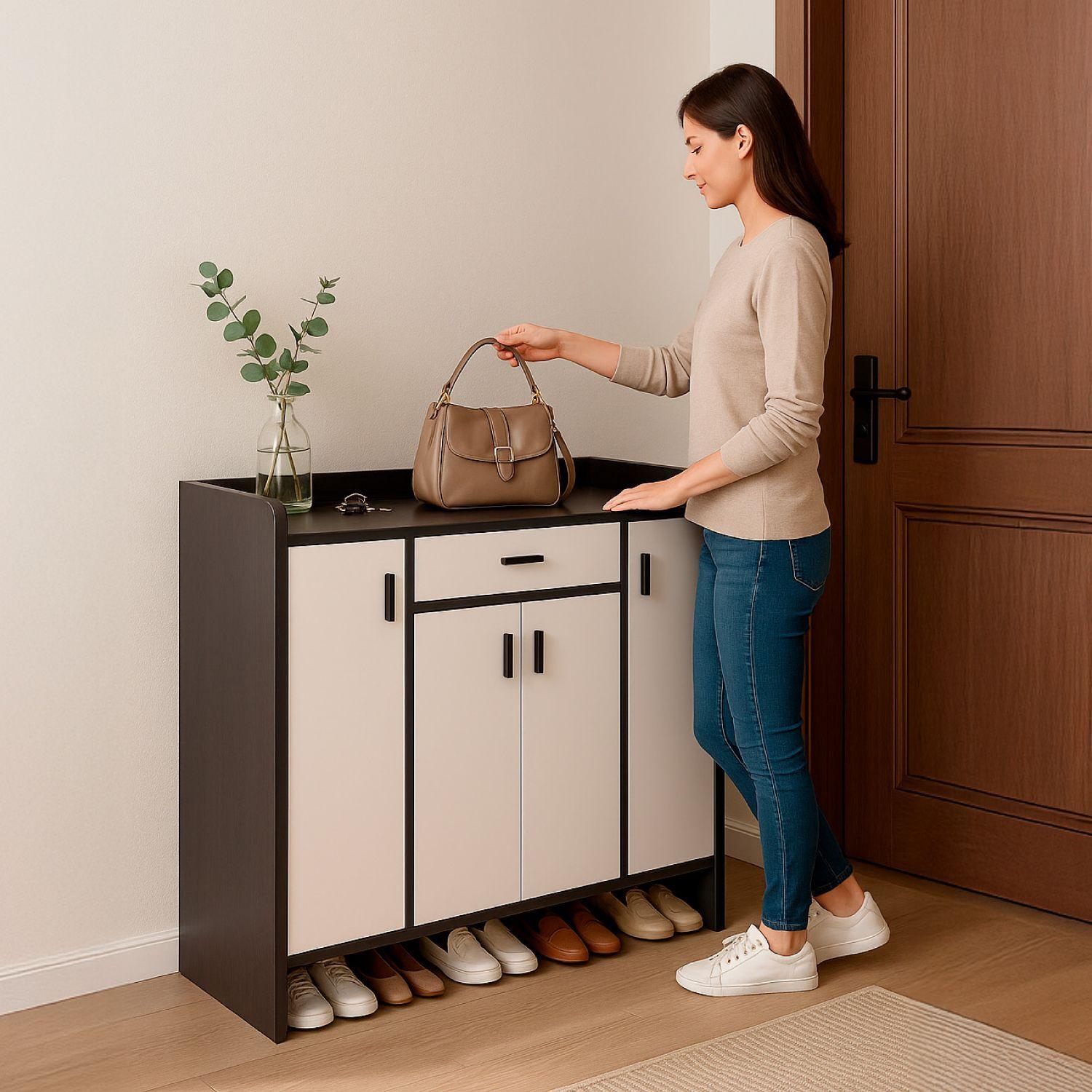 Zapatero 4 Puertas Organizador Estante con Cajon 121x30x80Cm-4