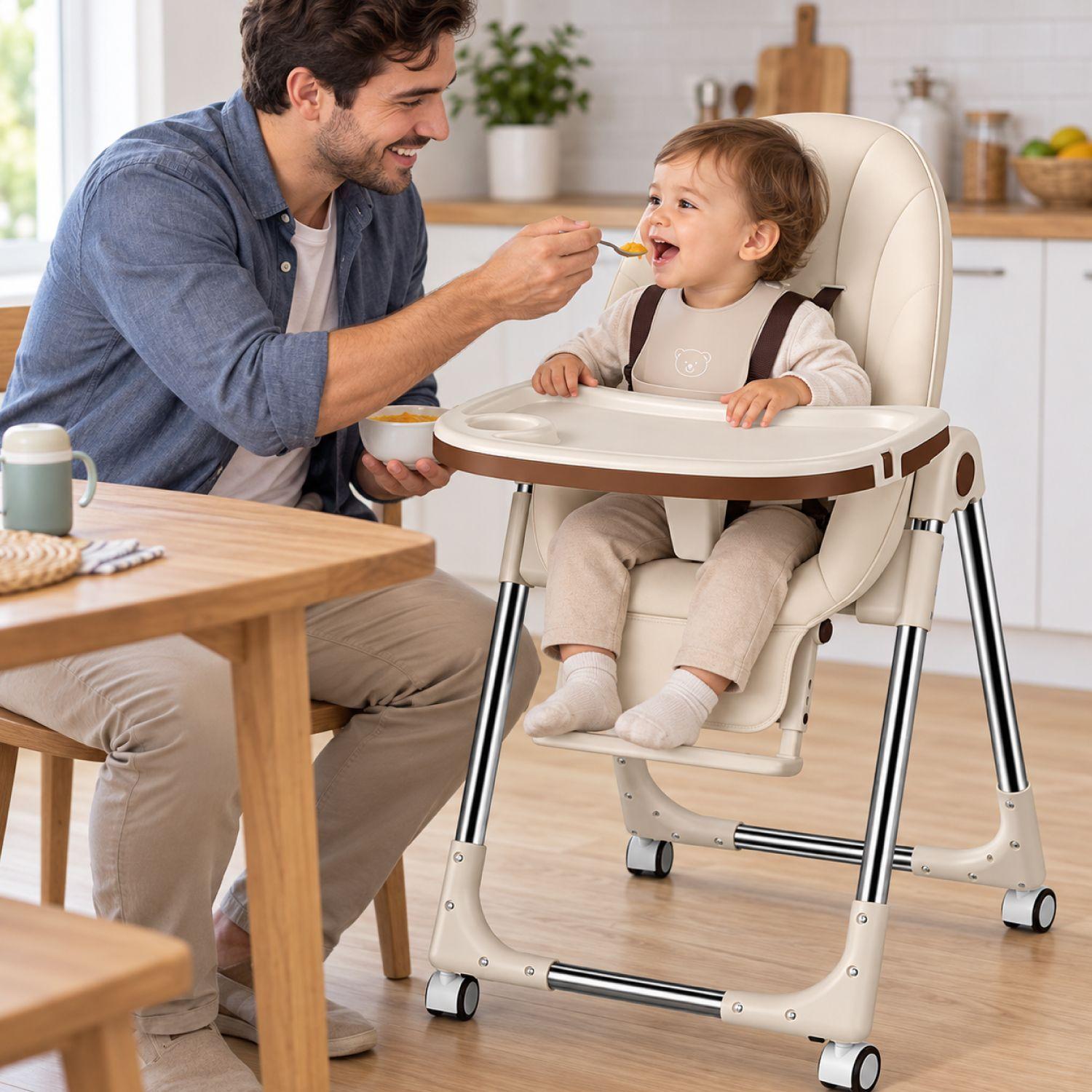 Silla De Comer Bebe Regulable Eco Cuero Beige-1