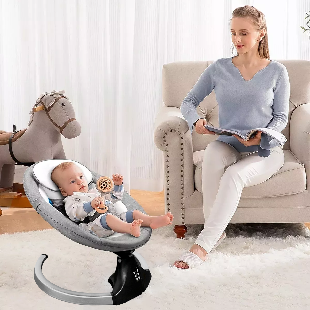 Silla Mecedora Bebe Inalámbrica Musical Bluetooth Gris-2