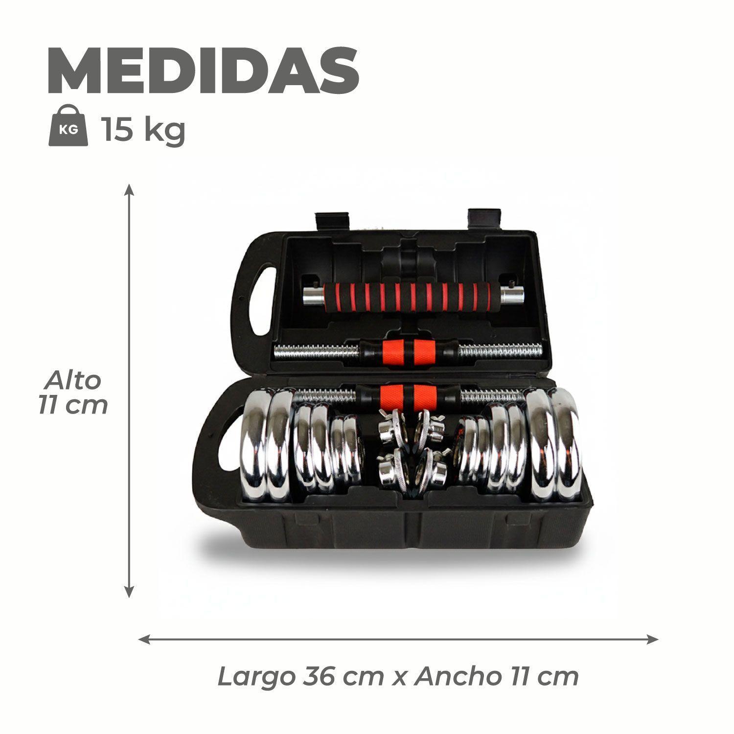 Juego de Mancuernas 15 Kg Acero Cromadas + Barra y Maletin-2