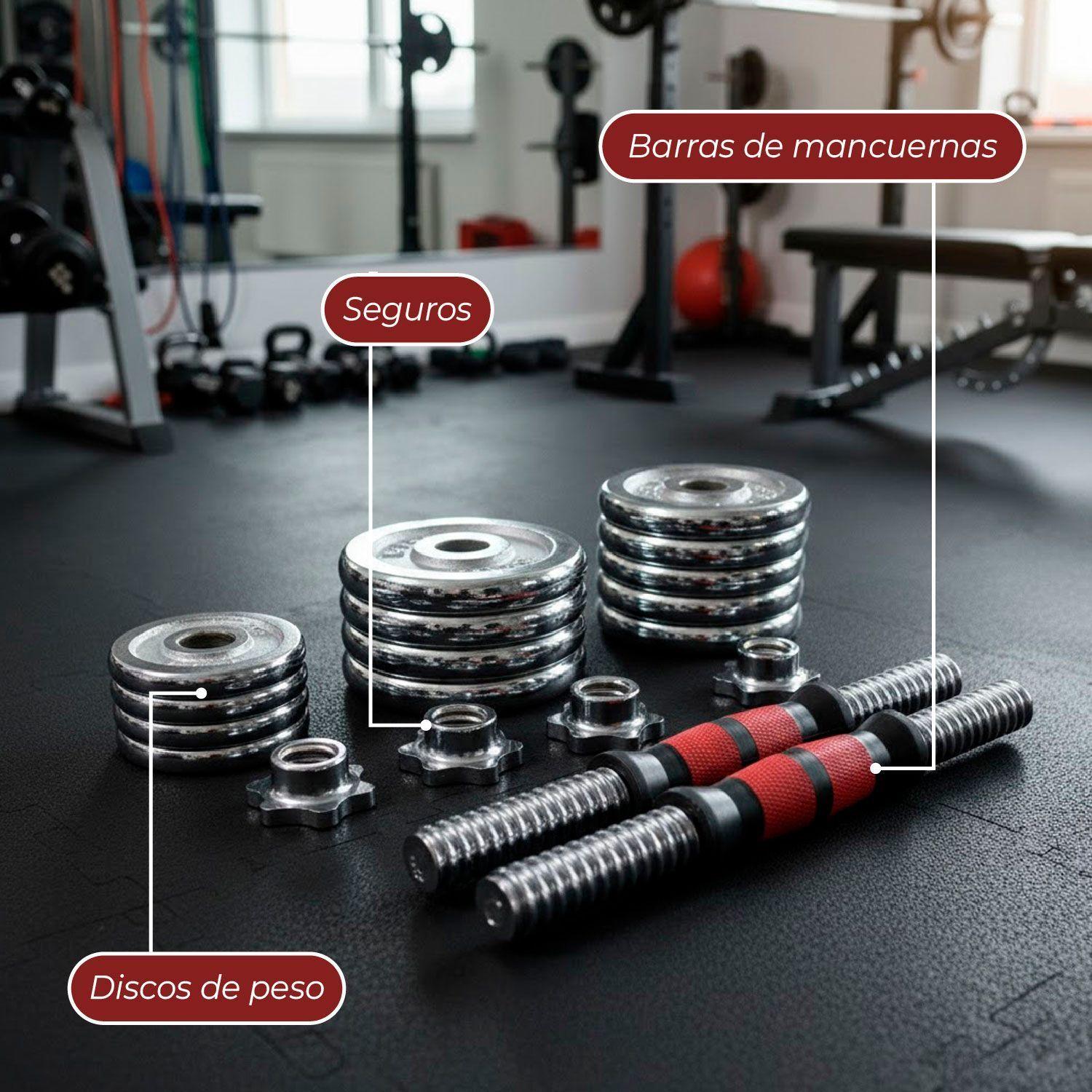 Juego de Mancuernas 15 Kg Acero Cromadas + Barra y Maletin-5